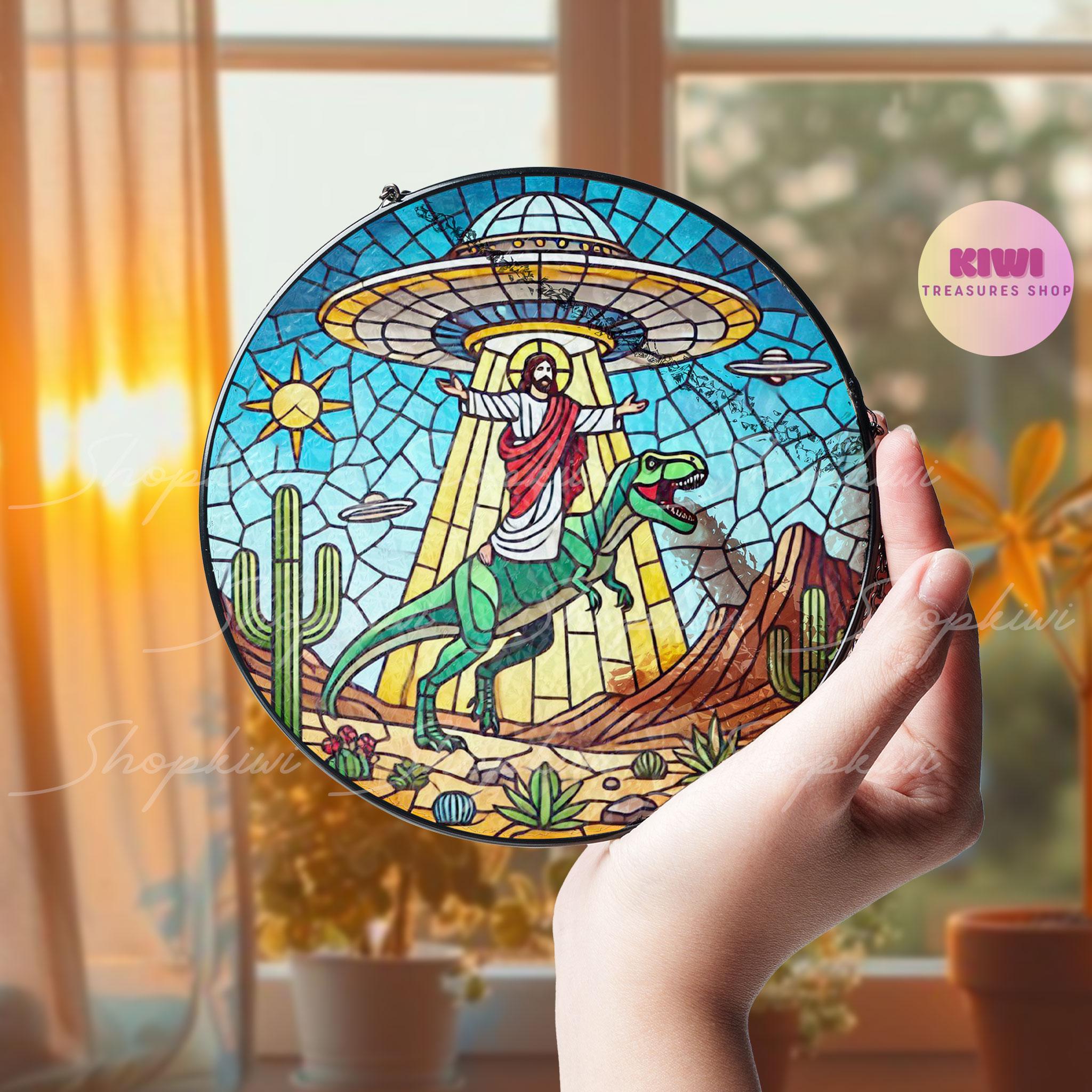 Funny UFO Abduction Jesus Riding Dinosaur GLASS Window Hanging, UFO T Rex gift, Believe Religious sign hanging, Funny Sign Decork, Novelty