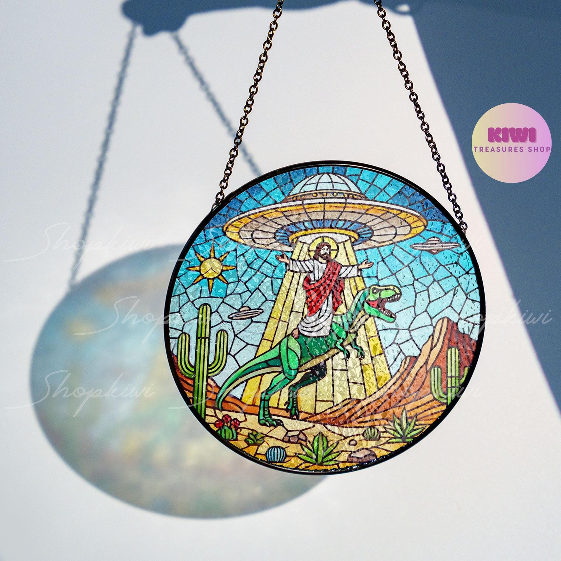 Funny UFO Abduction Jesus Riding Dinosaur GLASS Window Hanging, UFO T Rex gift, Believe Religious sign hanging, Funny Sign Decork, Novelty
