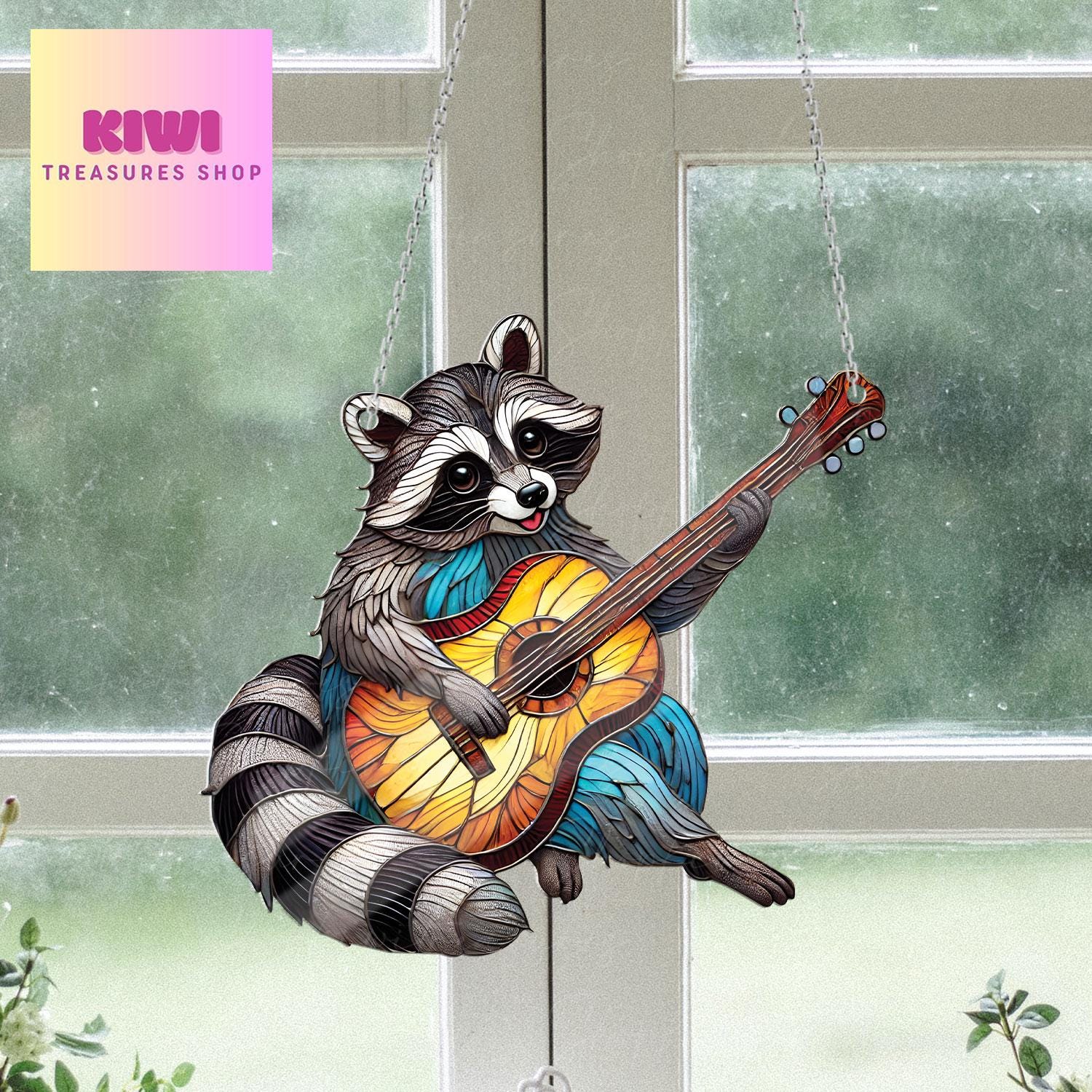 Funny Raccoon plays guitar Acrylic Window Hanging, Trash animal Window Art, Raccoon Decor, guitar musical instrument, Raccoon decor