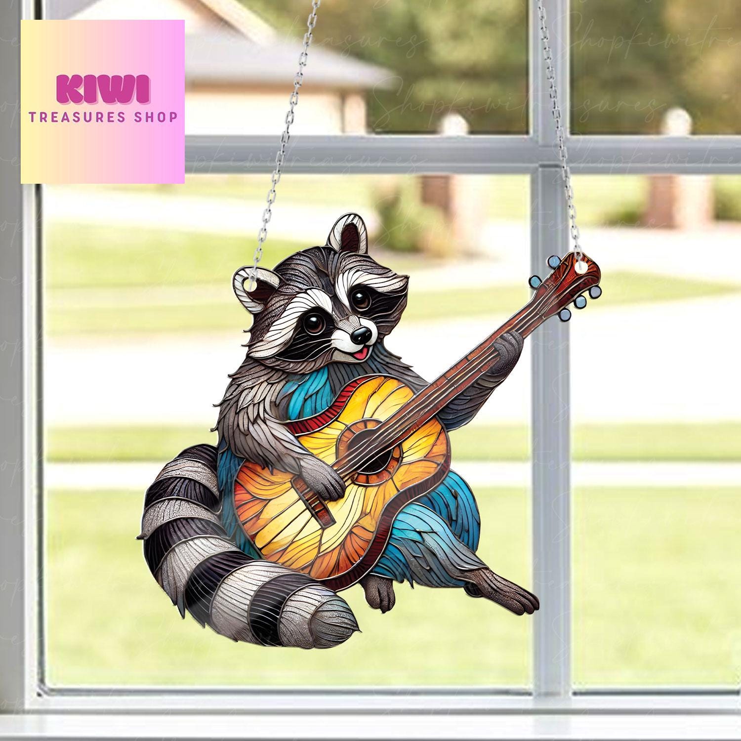 Funny Raccoon plays guitar Acrylic Window Hanging, Trash animal Window Art, Raccoon Decor, guitar musical instrument, Raccoon decor