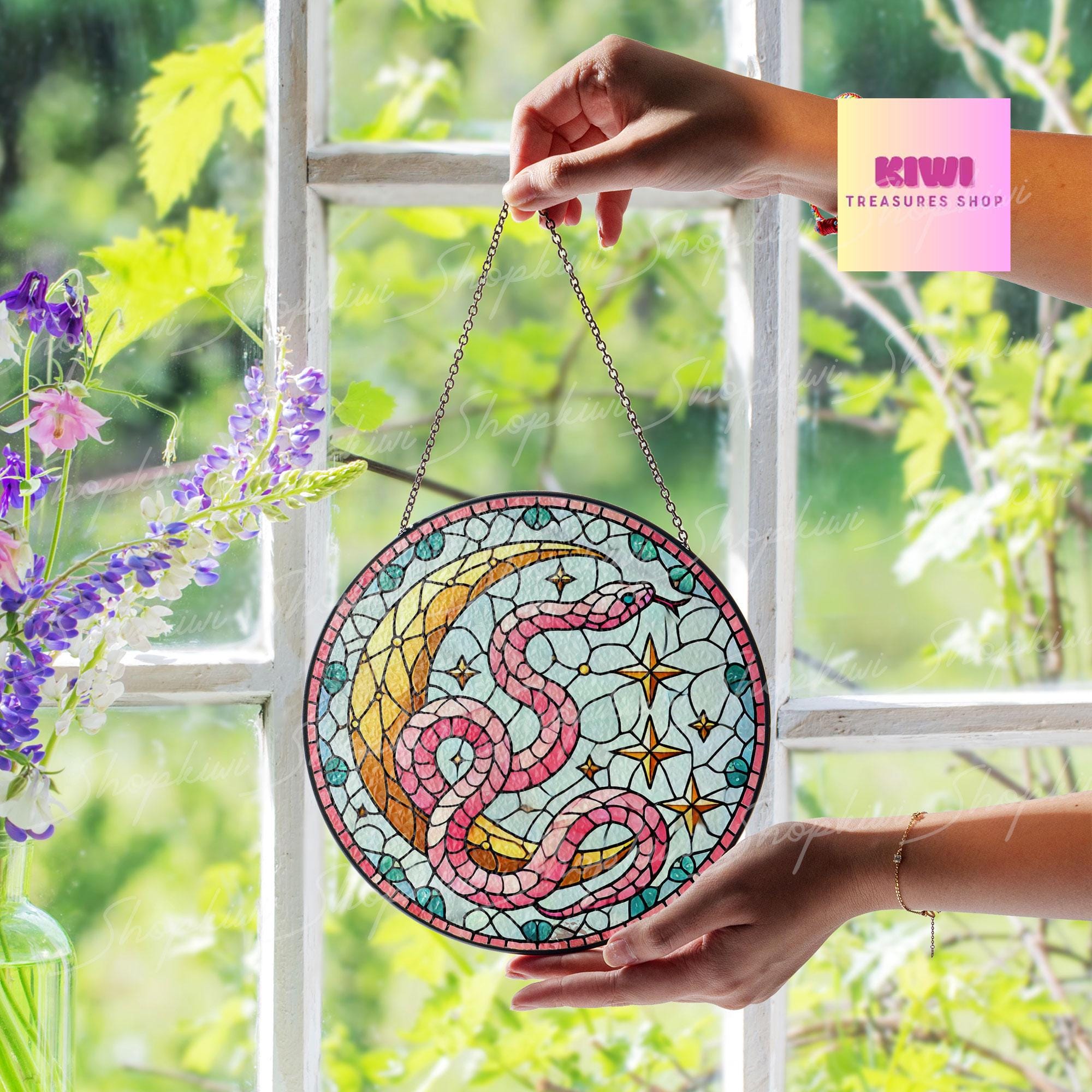Snake Crescent Moon Glass Suncatcher, Unique Snake Hanging Decor for Your Window, Perfect Gift for Nature Lovers