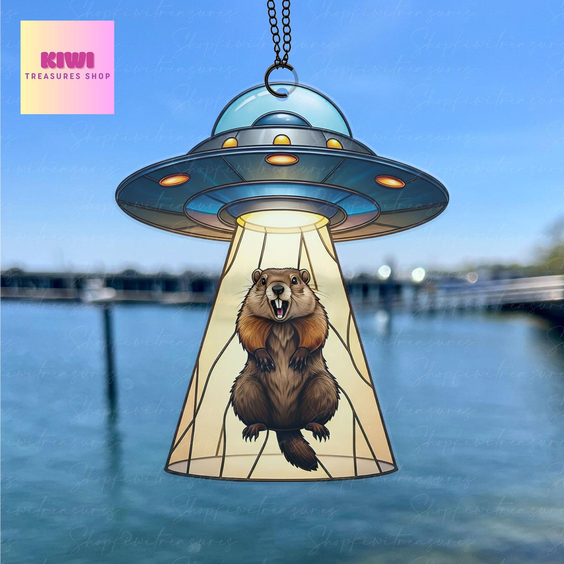 Groundhog scream suncatcher flat ornament, funny UFO abduction meme design, unique acrylic decoration gift for meme lovers, NOT glass