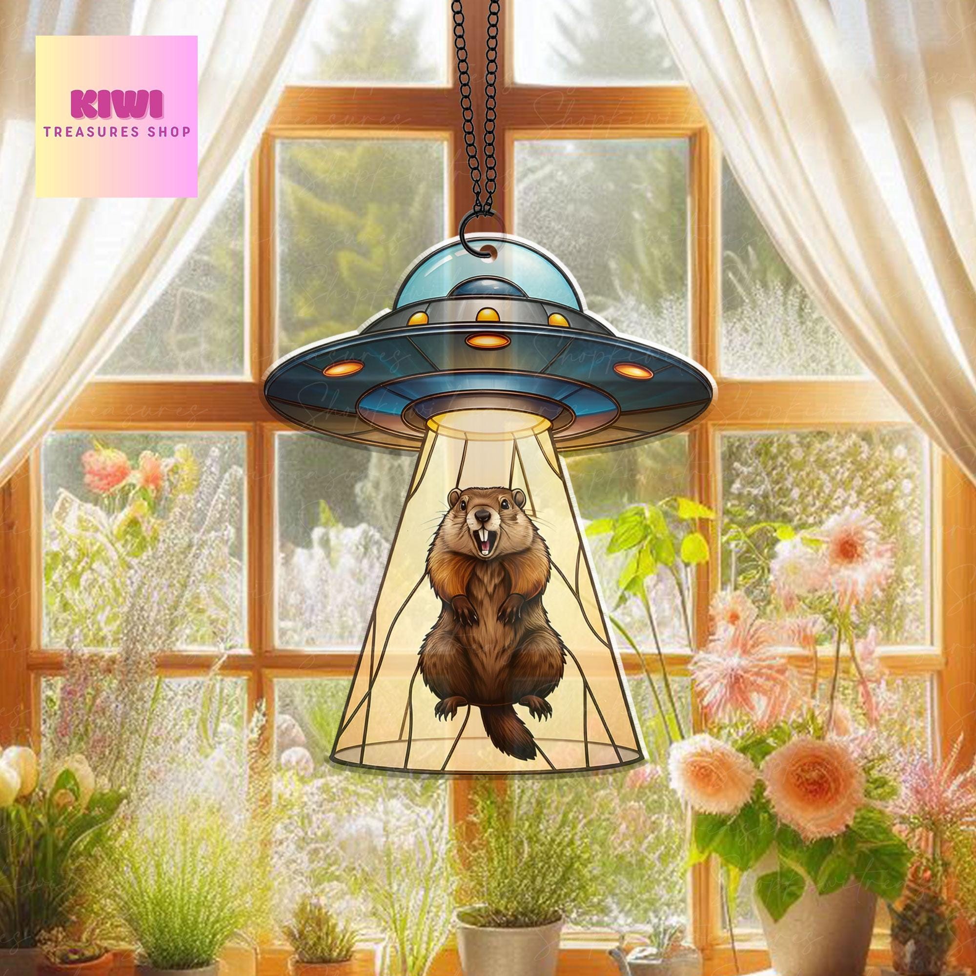 Groundhog scream suncatcher flat ornament, funny UFO abduction meme design, unique acrylic decoration gift for meme lovers, NOT glass