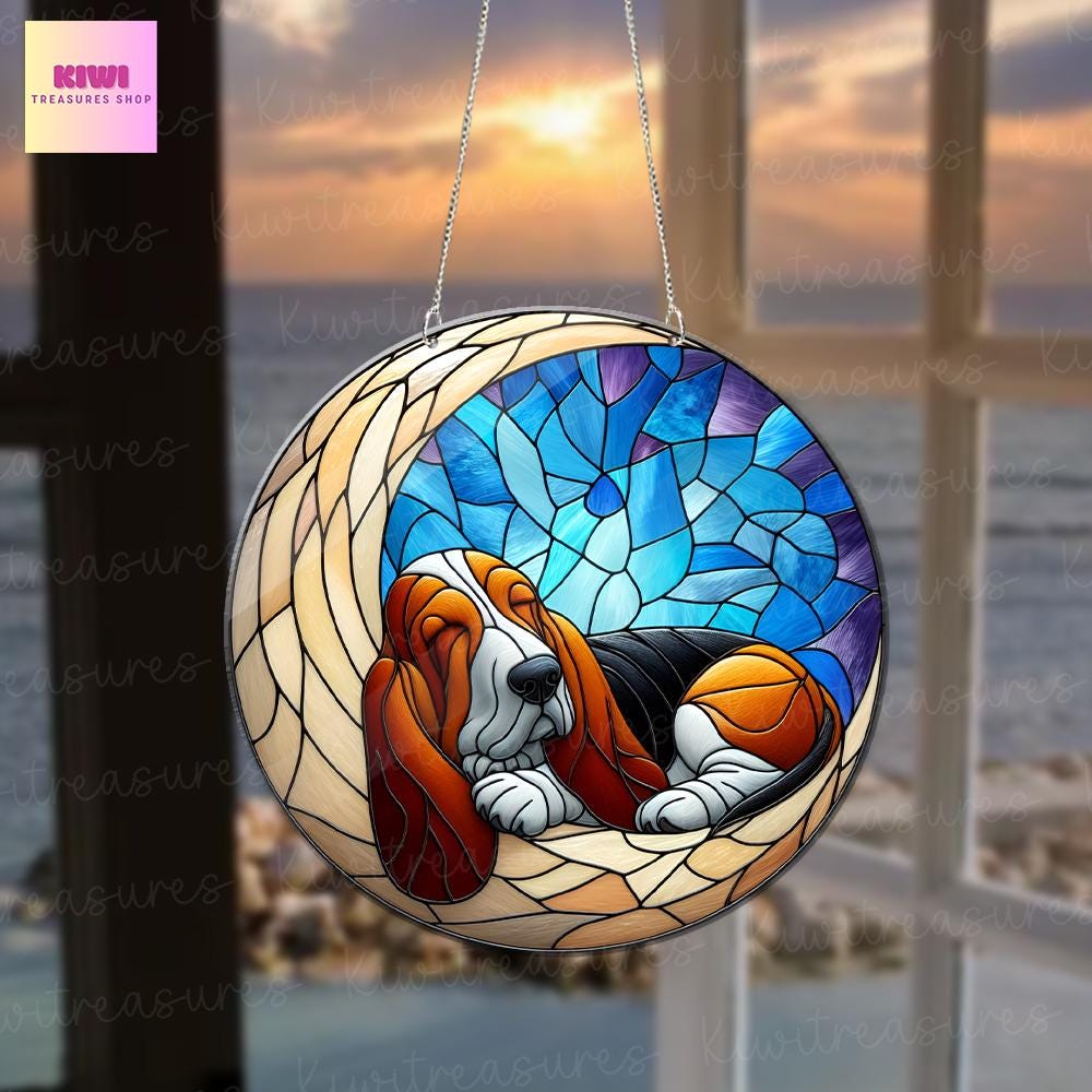 Basset hound on crescent moon Acrylic Window Hanging, dog Mom gift, basset hound lover, dog owner gift, memorial idea gift