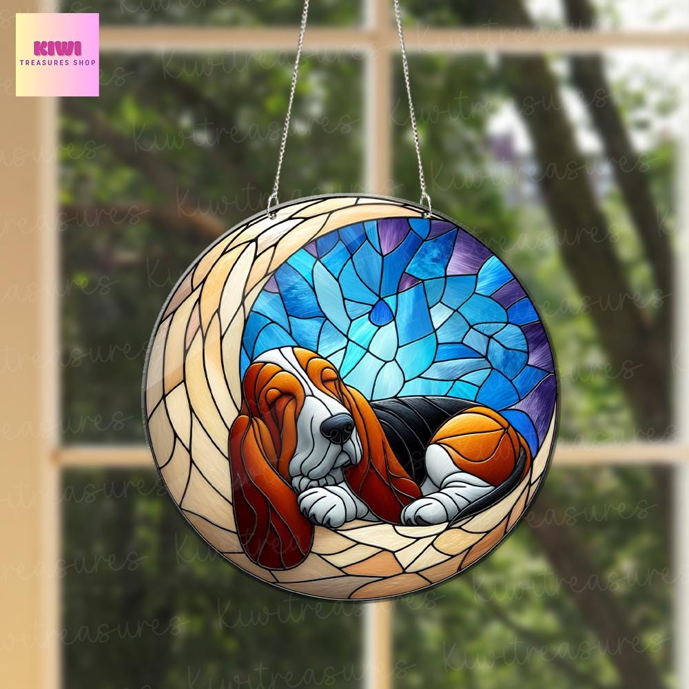 Basset hound on crescent moon Acrylic Window Hanging, dog Mom gift, basset hound lover, dog owner gift, memorial idea gift