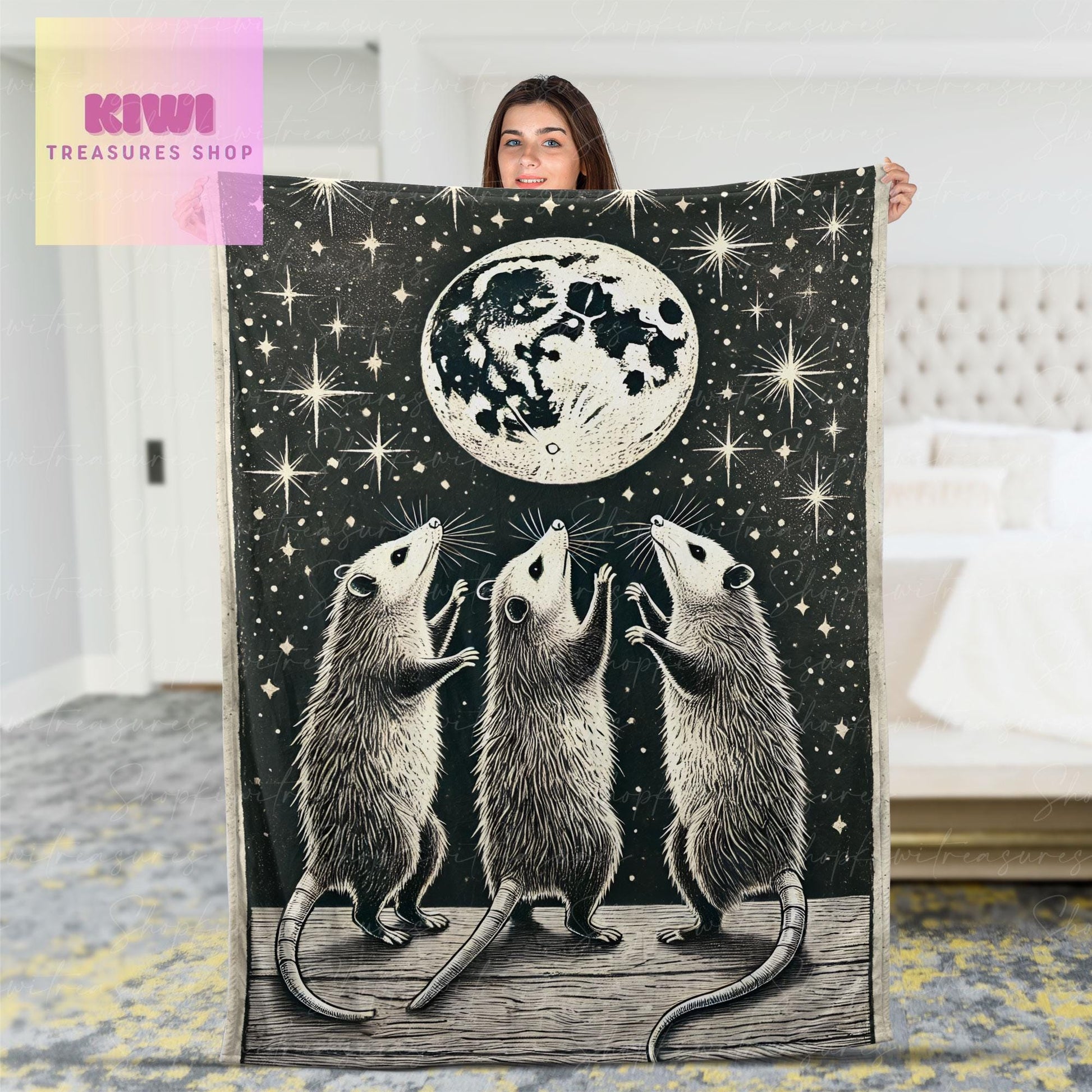 Feral opossum howling at moon night Blanket, Funny Trash animal Fleece Blanket, Unique Gifts for opossum Lovers, Cute possum bedroom decor