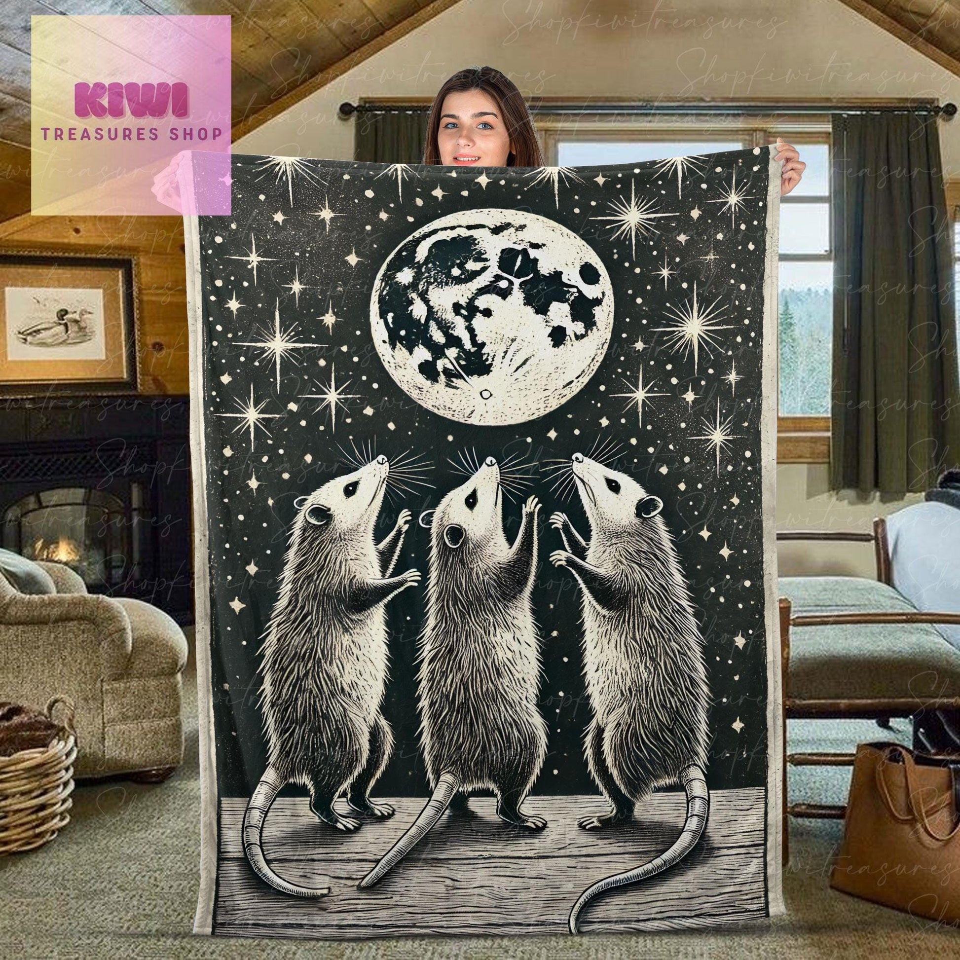 Feral opossum howling at moon night Blanket, Funny Trash animal Fleece Blanket, Unique Gifts for opossum Lovers, Cute possum bedroom decor