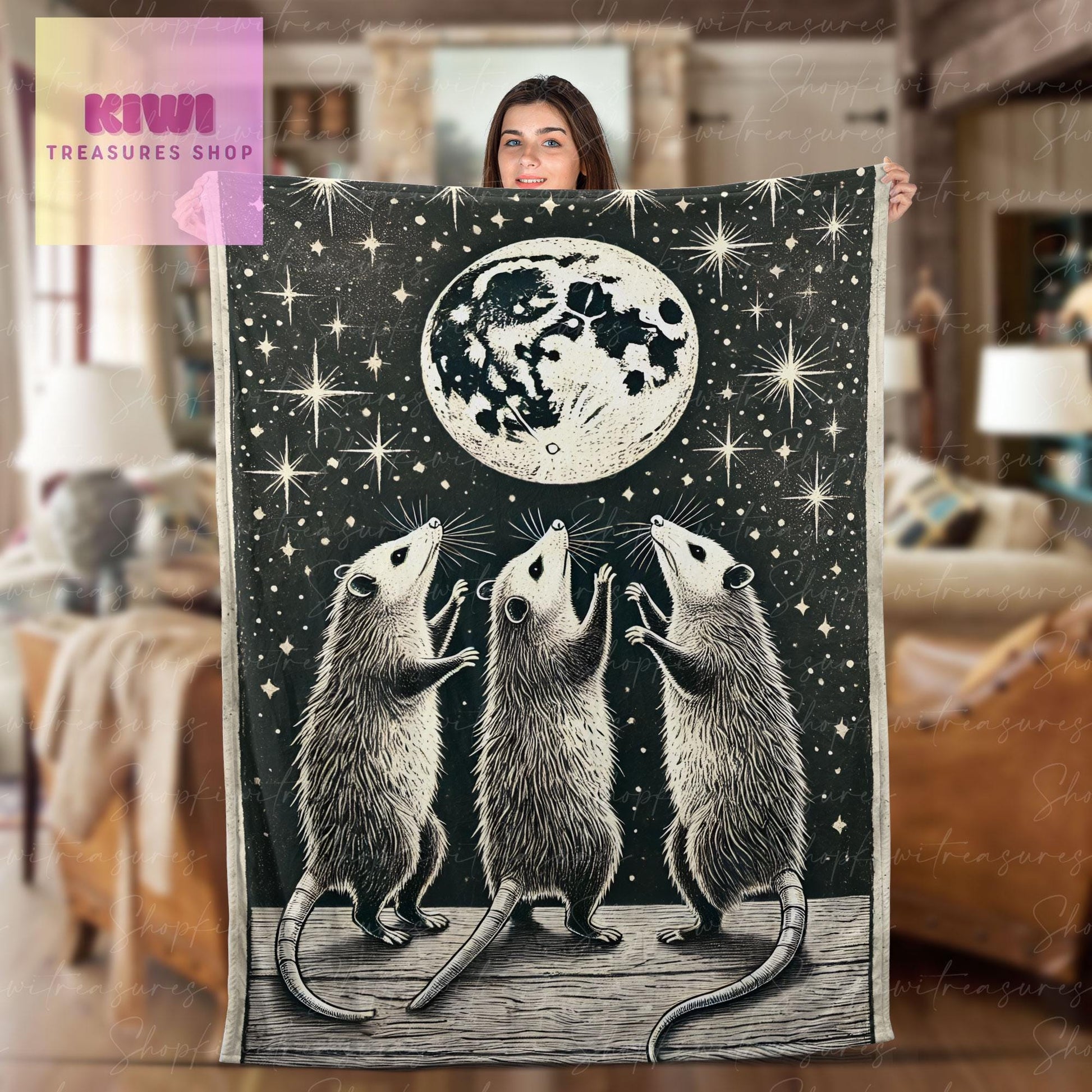 Feral opossum howling at moon night Blanket, Funny Trash animal Fleece Blanket, Unique Gifts for opossum Lovers, Cute possum bedroom decor