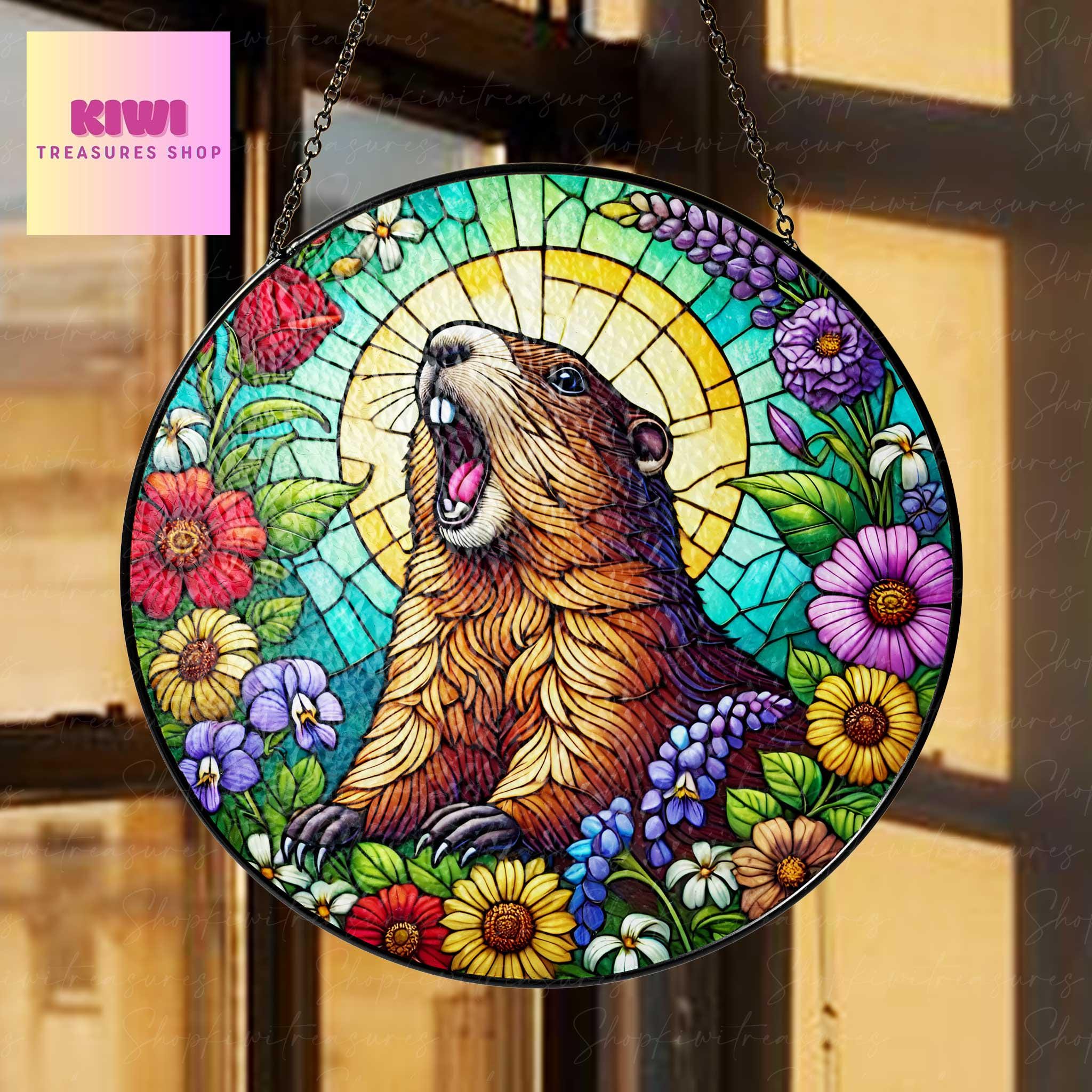 Funny groundhog scream GLASS Suncatcher Hanging, groundhog meme, wildflowers suncatcher hanging, weirdcore idea home decor