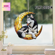 Funny Husky on crescent moon Acrylic Window Hanging, dog Mom gift, Husky lover gift, dog owner gift, memorial idea gift, not suncatcher