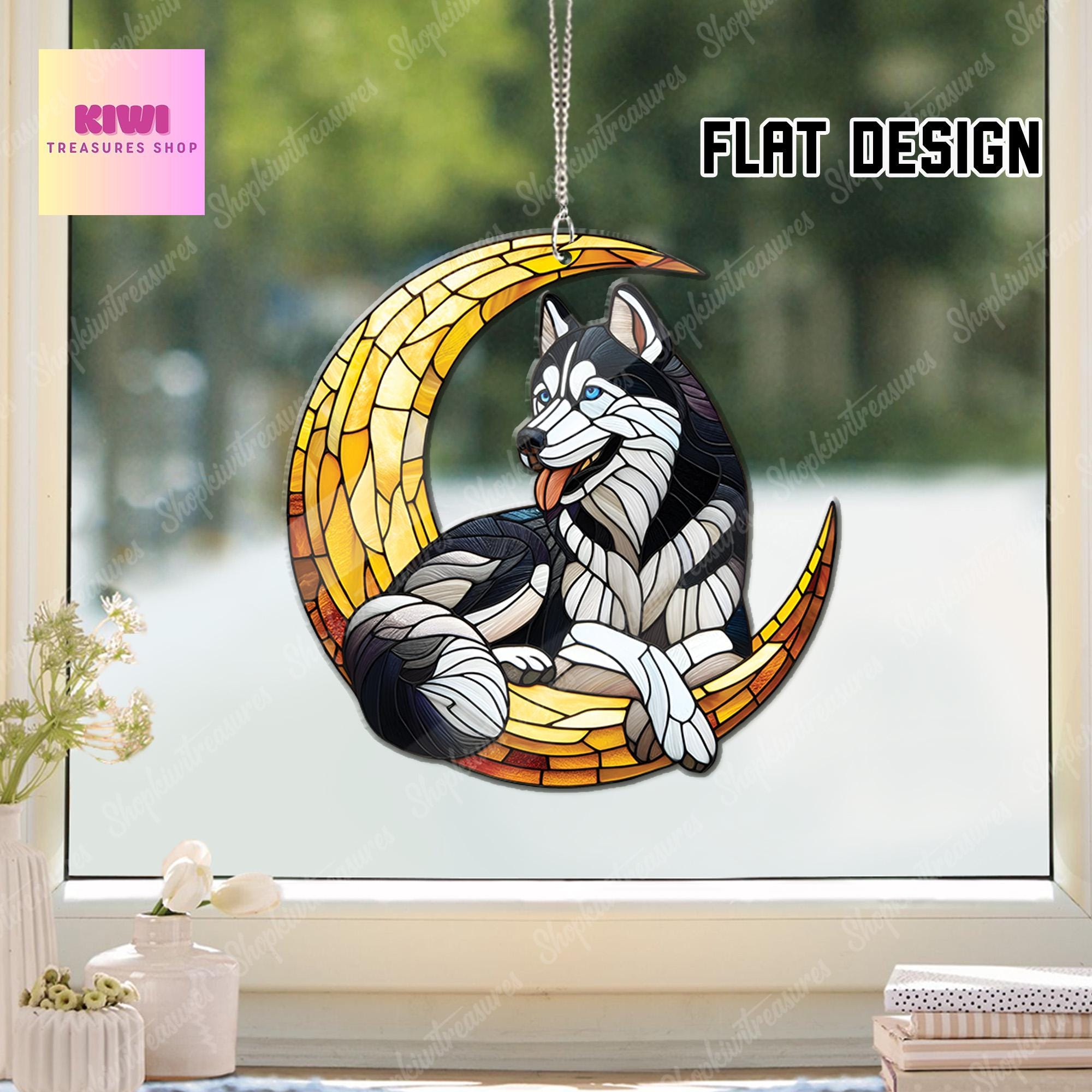 Funny Husky on crescent moon Acrylic Window Hanging, dog Mom gift, Husky lover gift, dog owner gift, memorial idea gift, not suncatcher