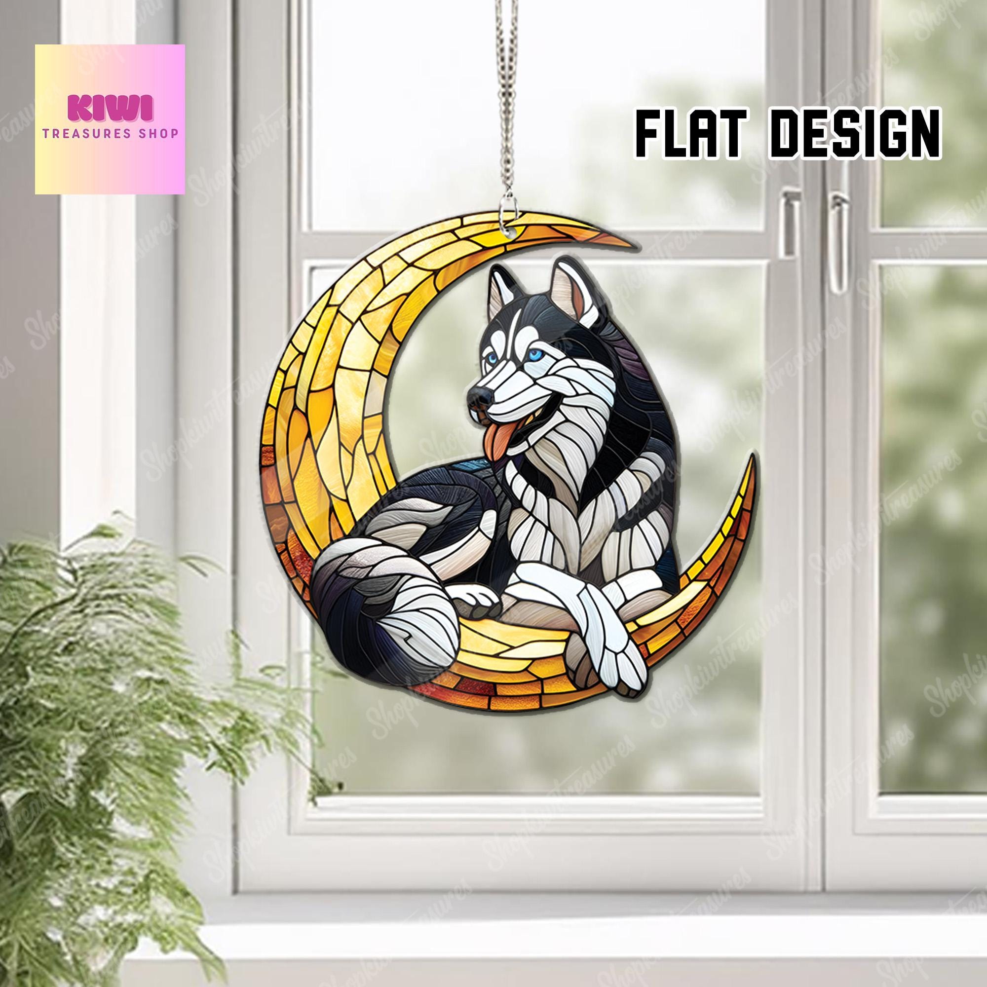 Funny Husky on crescent moon Acrylic Window Hanging, dog Mom gift, Husky lover gift, dog owner gift, memorial idea gift, not suncatcher