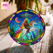 UFO Abduction Bigfoot driving unicorn Glass Suncatcher - Funny Gifts for sasquatch lover, Window Hanging, Indoor Decor, Suncatcher, Bigfoot