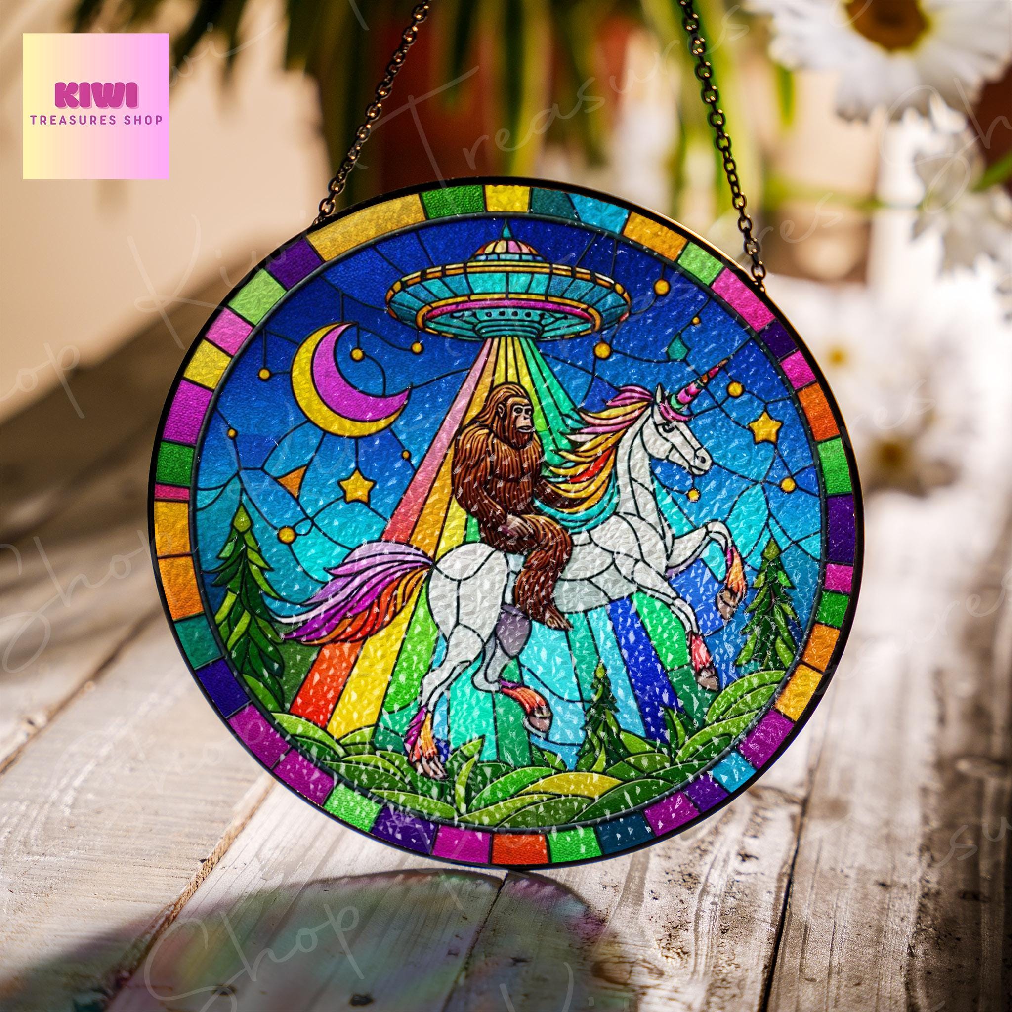 UFO Abduction Bigfoot driving unicorn Glass Suncatcher - Funny Gifts for sasquatch lover, Window Hanging, Indoor Decor, Suncatcher, Bigfoot