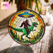 UFO Abduction Bigfoot driving dinosaur Glass Suncatcher - Funny Gifts for sasquatch lover, weirdcore Suncatcher, Bigfoot and t-rex