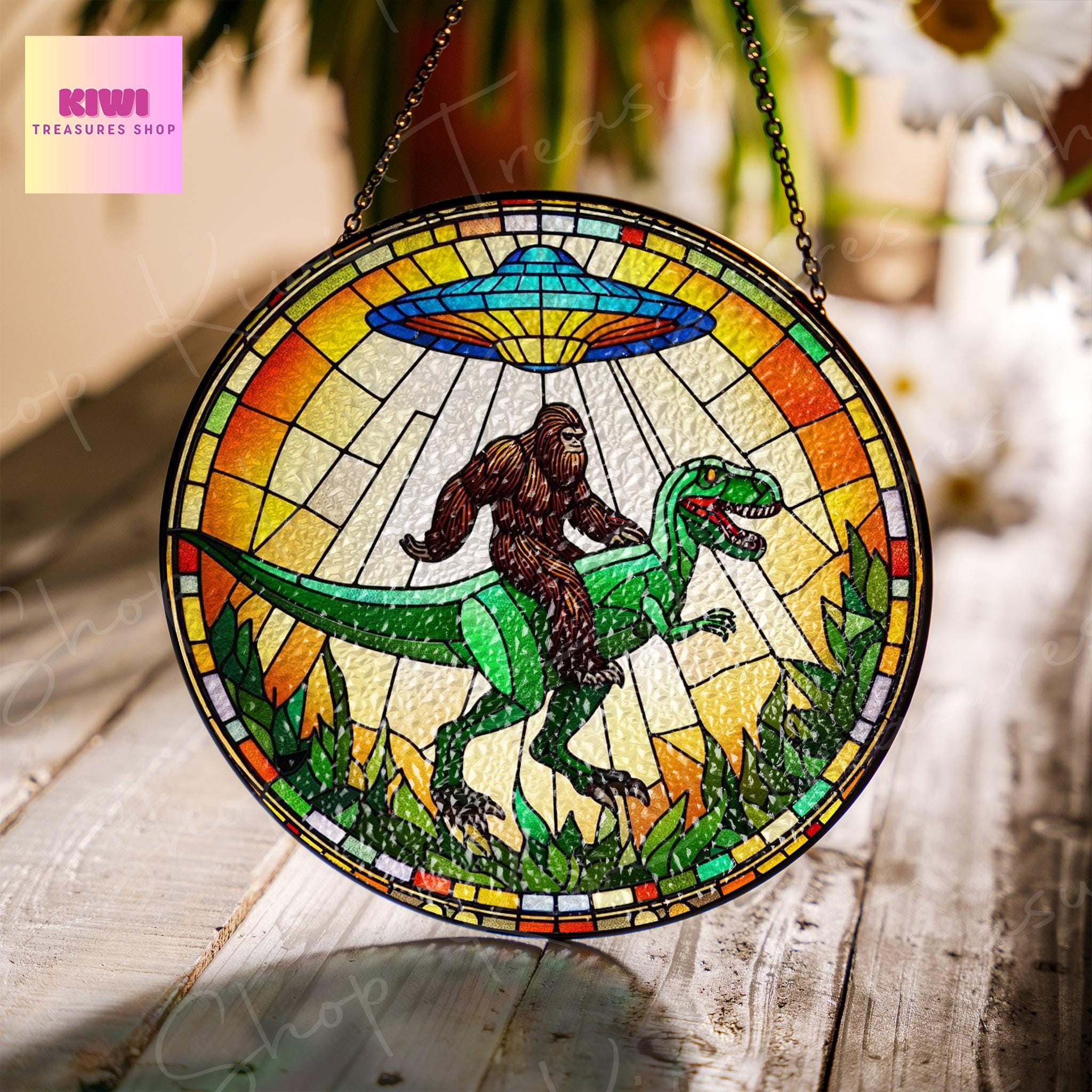 UFO Abduction Bigfoot driving dinosaur Glass Suncatcher - Funny Gifts for sasquatch lover, weirdcore Suncatcher, Bigfoot and t-rex