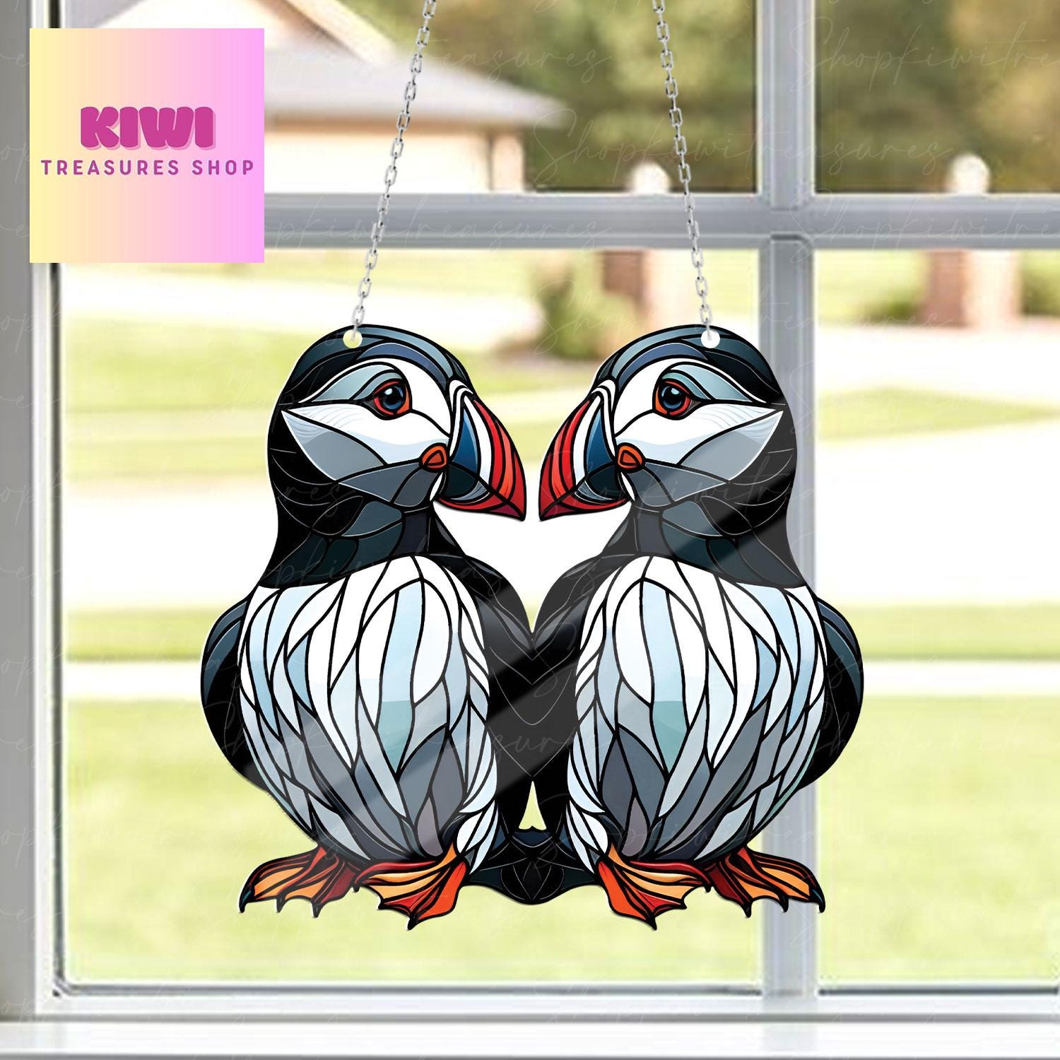 Puffin couple Acrylic Window Hanging, Bird lovers gift, Bird watching gift, Not Suncatcher, puffin animal decor, anniversary gift Valentine