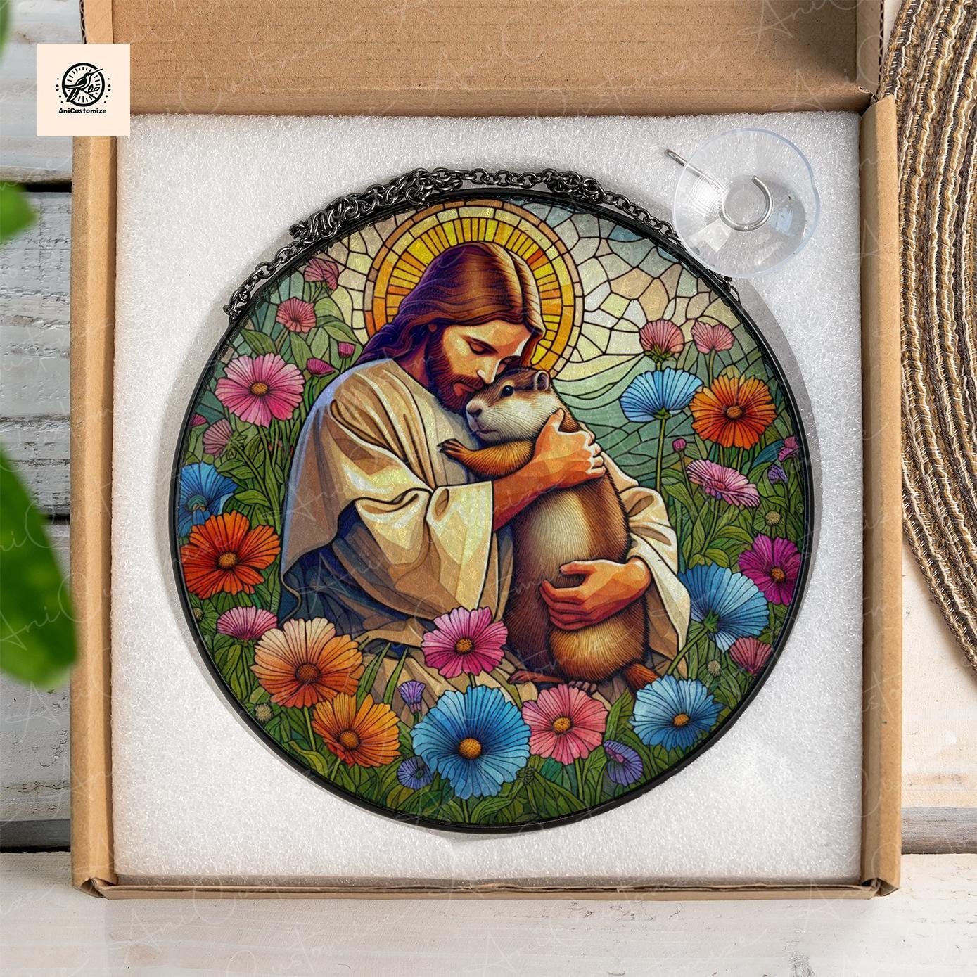 Jesus Hugging Groundhog GLASS Suncatcher Decor, Funny Christian,Funny Decor, Christian Gift, Groundhog Decor, Funny Animal Gift