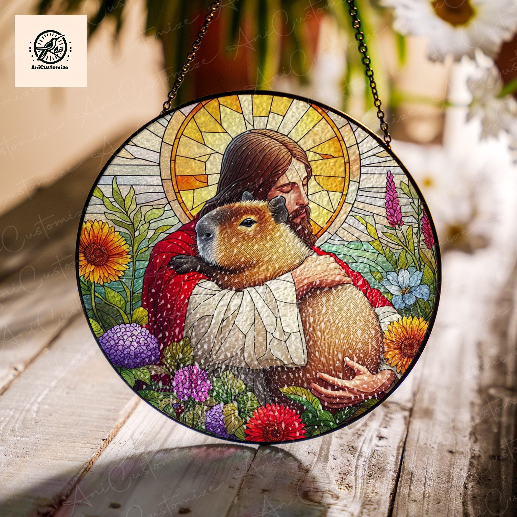 Jesus Hugging Capybara GLASS Suncatcher Decor, Funny Christian,Funny Decor, Christian Gift, Capybara  Decor, Funny Animal Gift,Capybara Gift