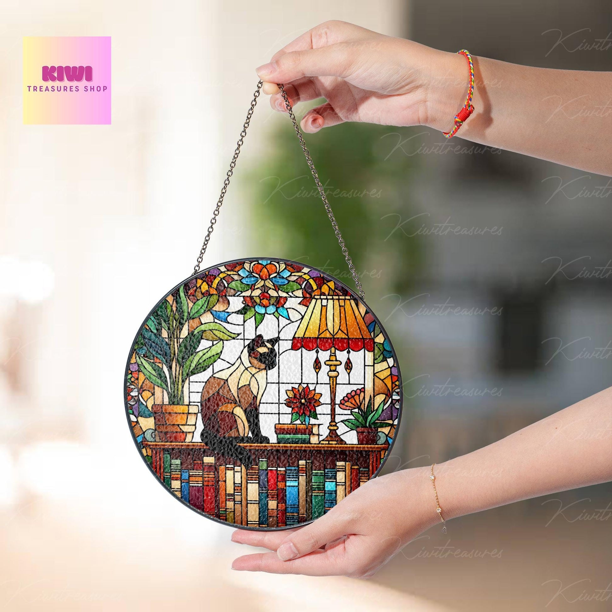 Siamese Cat Sitting On Bookshelf GLASS Suncatcher Hanging, Window Decor, Book Lover Gift, Book FAUX Stain Glass, Librarian Gift