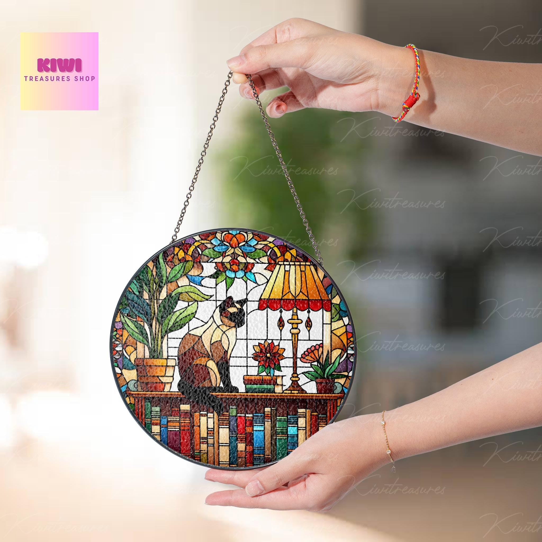 Siamese Cat Sitting On Bookshelf GLASS Suncatcher Hanging, Window Decor, Book Lover Gift, Book FAUX Stain Glass, Librarian Gift