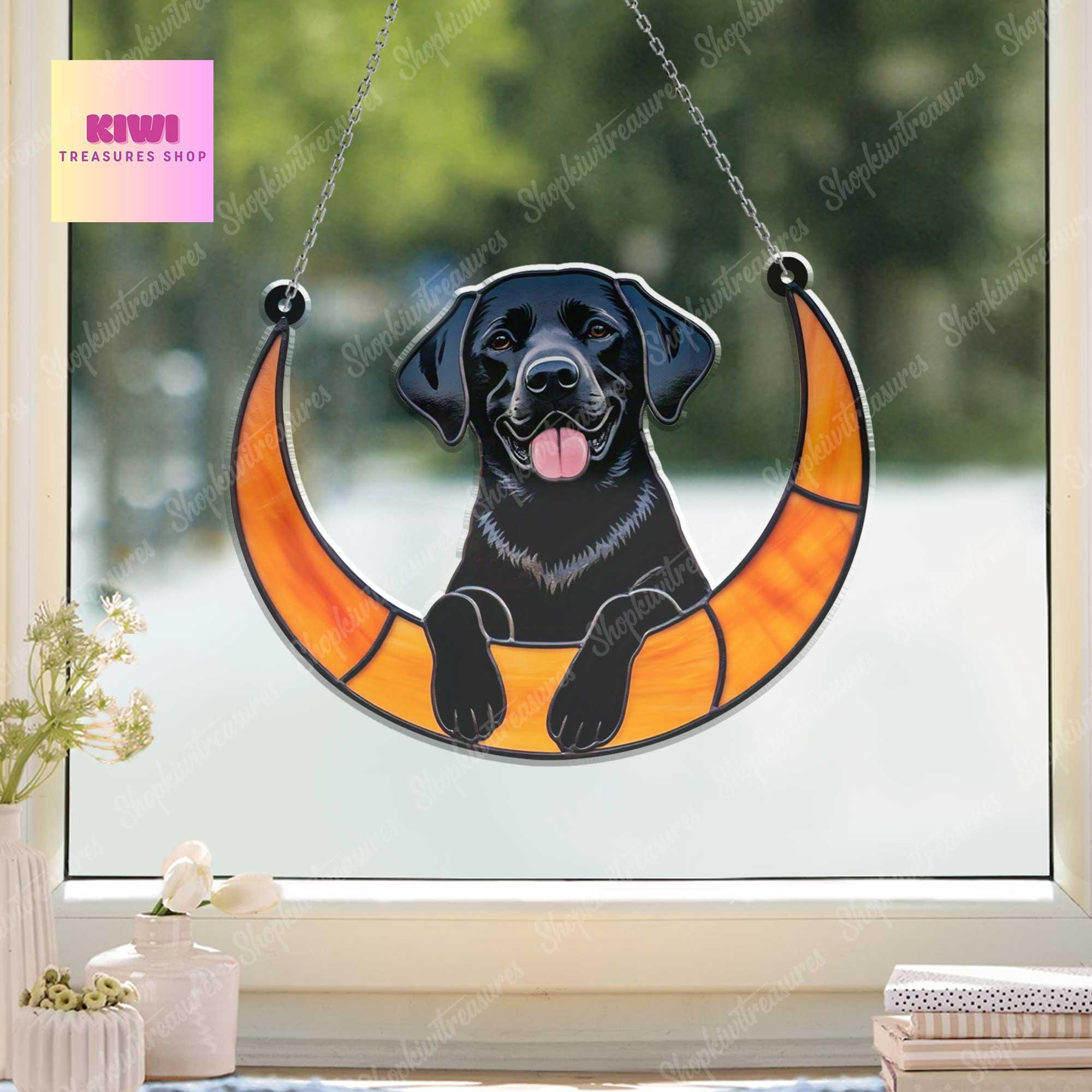 Black labrador on cresent moon Suncatcher acrylic Ornament, labrador dog ornament window decor,  NOT glass, dog mom gift, labrador retriever