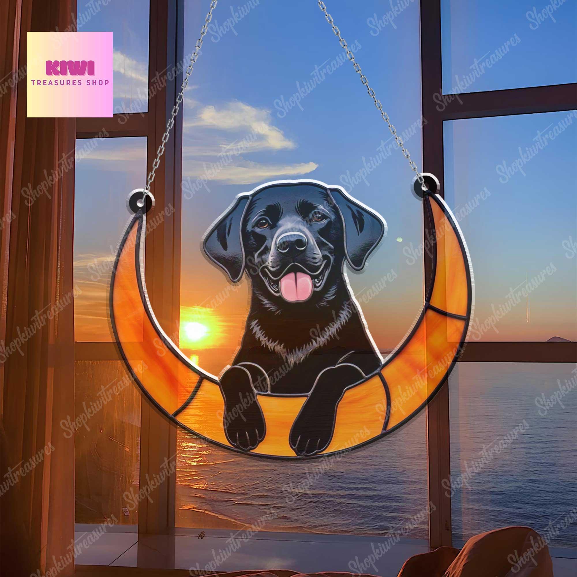 Black labrador on cresent moon Suncatcher acrylic Ornament, labrador dog ornament window decor,  NOT glass, dog mom gift, labrador retriever