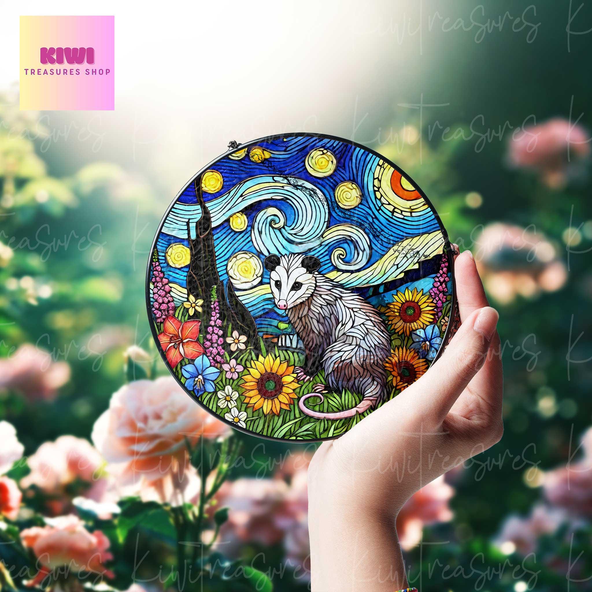 Opossum and wildflowers starry night GLASS Suncatcher Hanging, Cute opossum, opossum suncatcher hanging, opossum window hanging