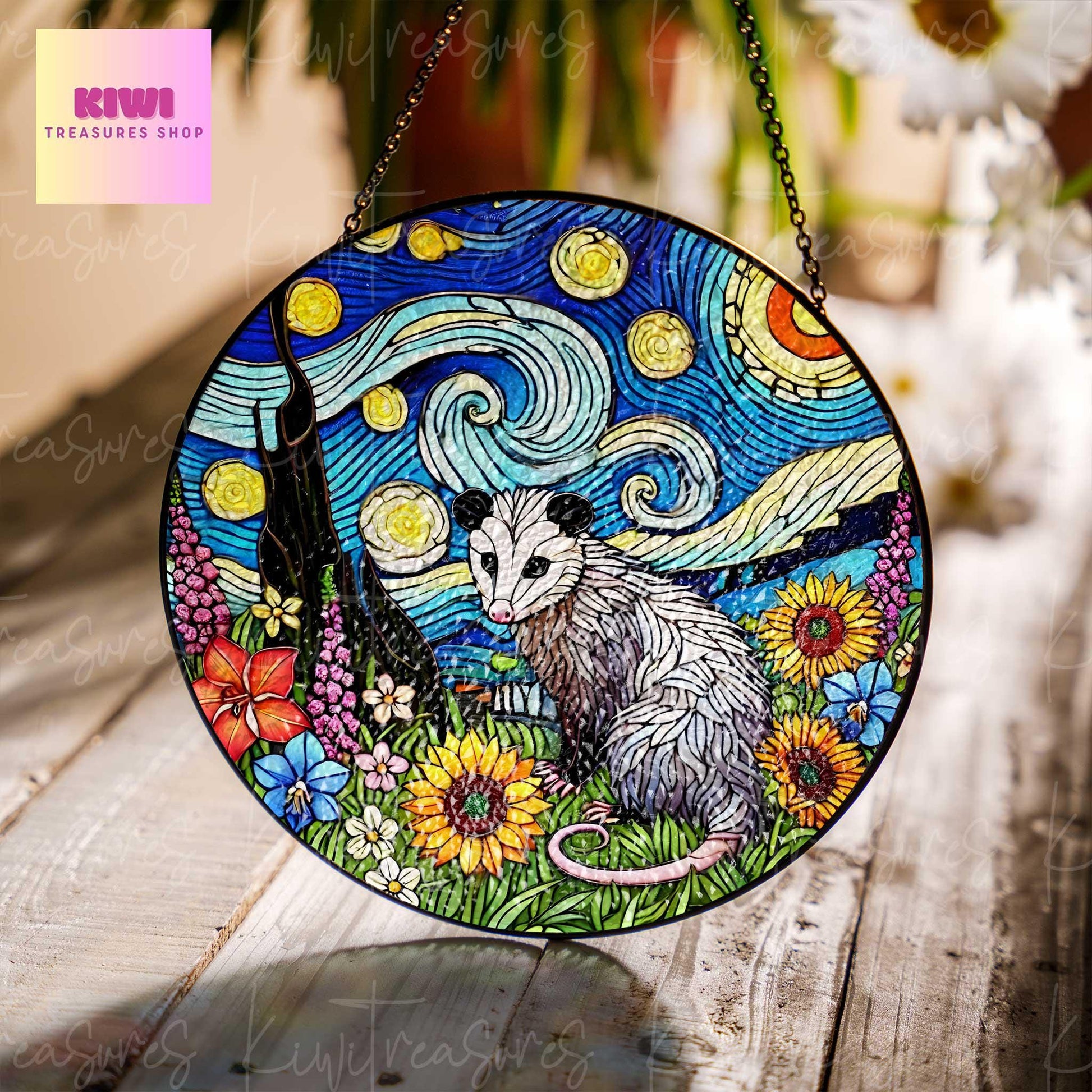 Opossum and wildflowers starry night GLASS Suncatcher Hanging, Cute opossum, opossum suncatcher hanging, opossum window hanging