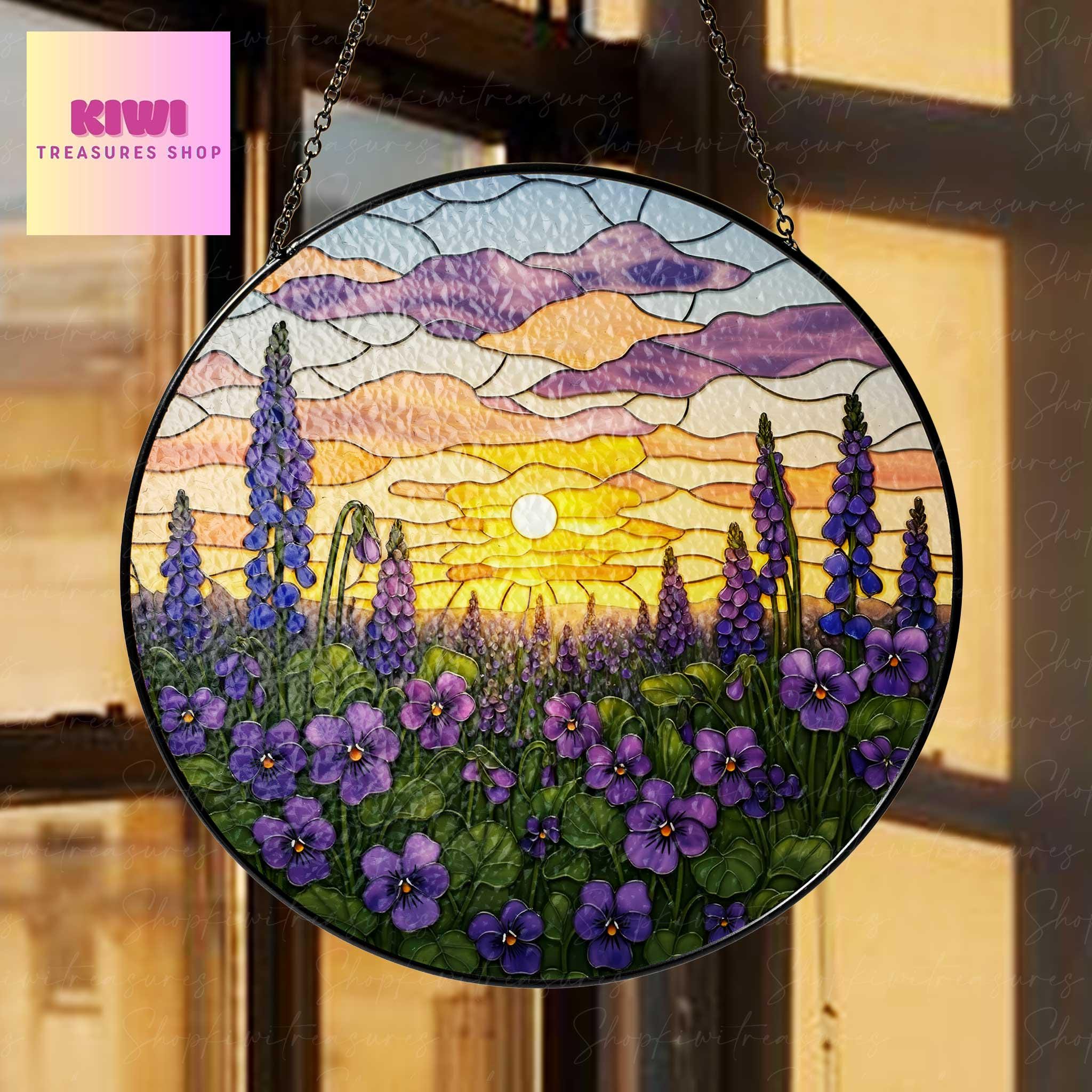 Violet Flower field sunset GLASS Suncatcher Hanging, Birth Month Flower glass, Window hanging, Suncatcher ornament, Mother's day gift 2025
