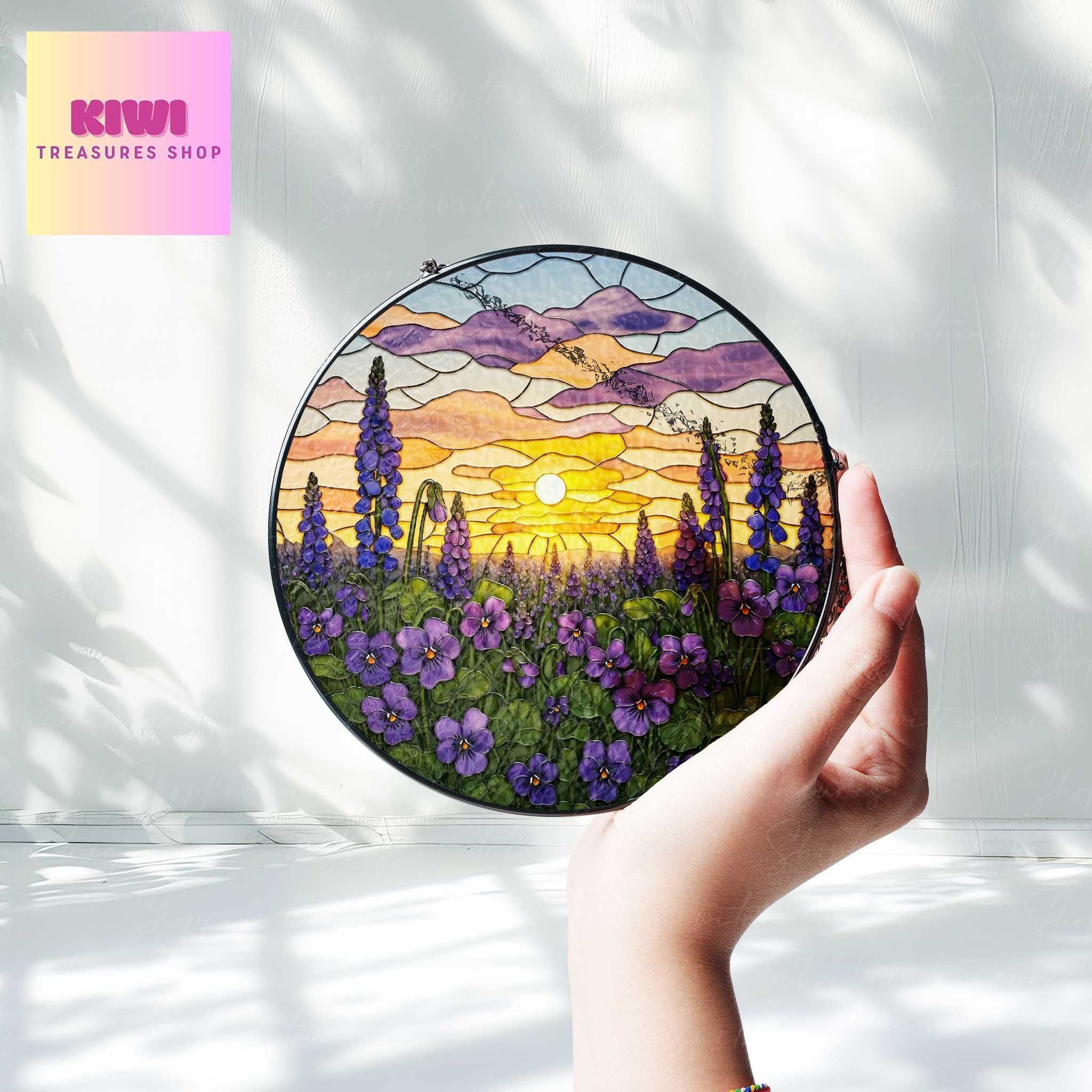 Violet Flower field sunset GLASS Suncatcher Hanging, Birth Month Flower glass, Window hanging, Suncatcher ornament, Mother's day gift 2025