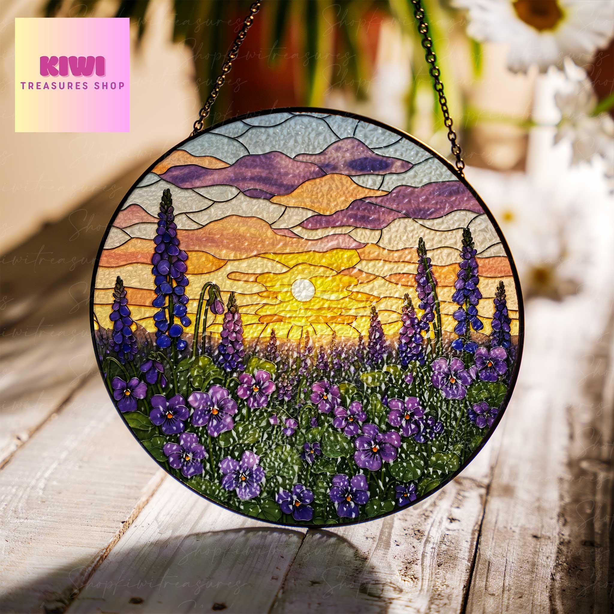 Violet Flower field sunset GLASS Suncatcher Hanging, Birth Month Flower glass, Window hanging, Suncatcher ornament, Mother's day gift 2025