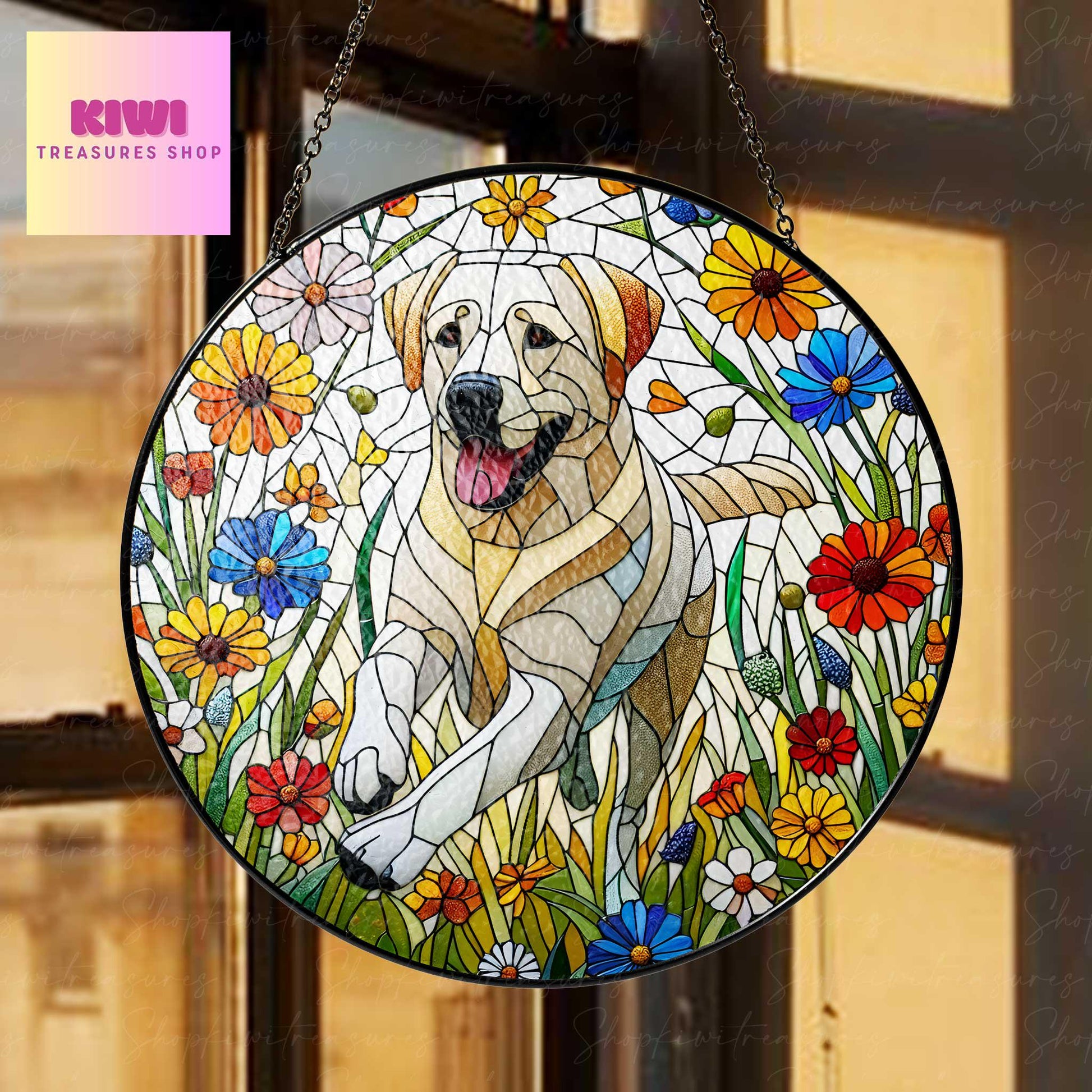Labrador Retriever running among wildflowers GLASS Suncatcher Hanging, Dog suncatcher, labrador mom gift,housewarming gift