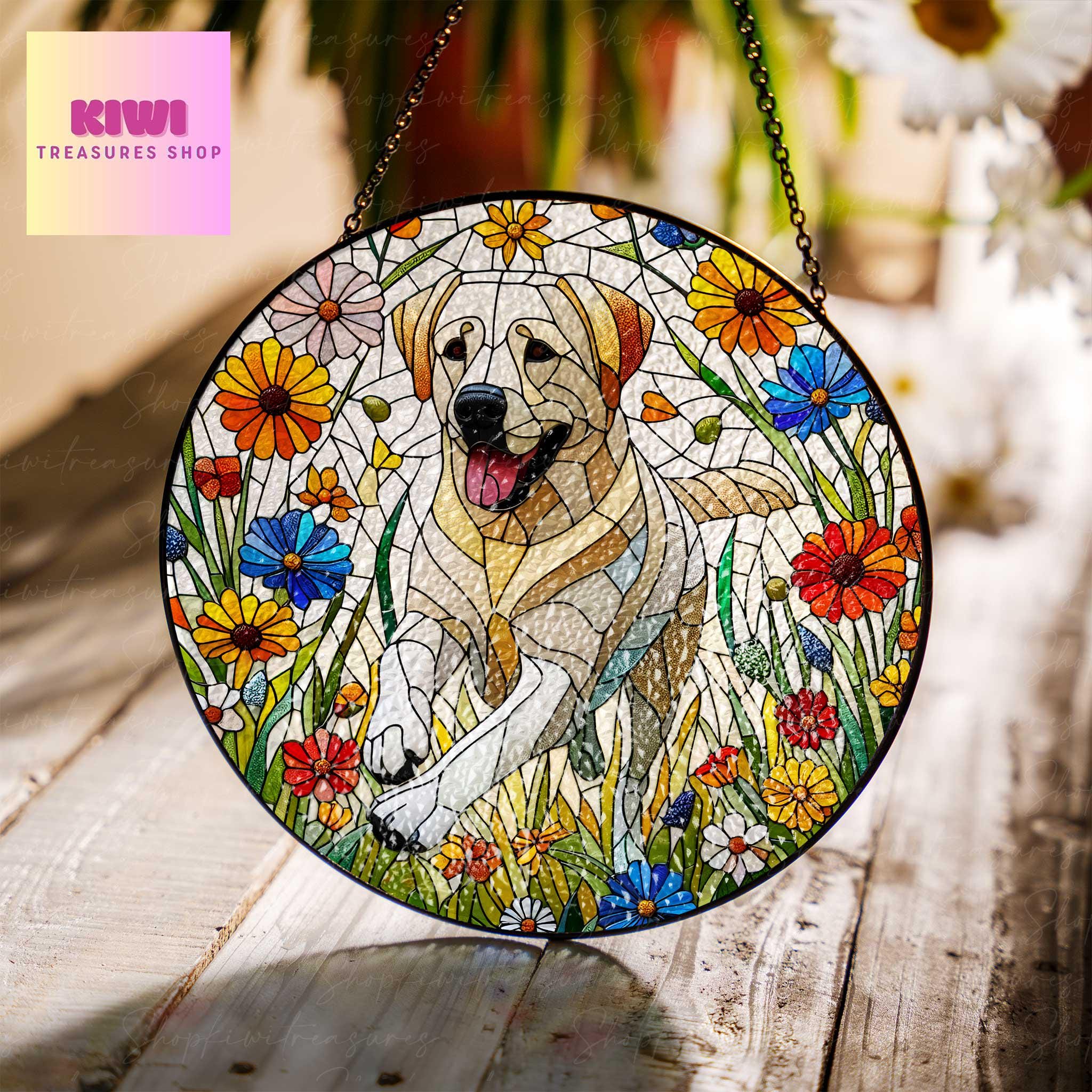 Labrador Retriever running among wildflowers GLASS Suncatcher Hanging, Dog suncatcher, labrador mom gift,housewarming gift
