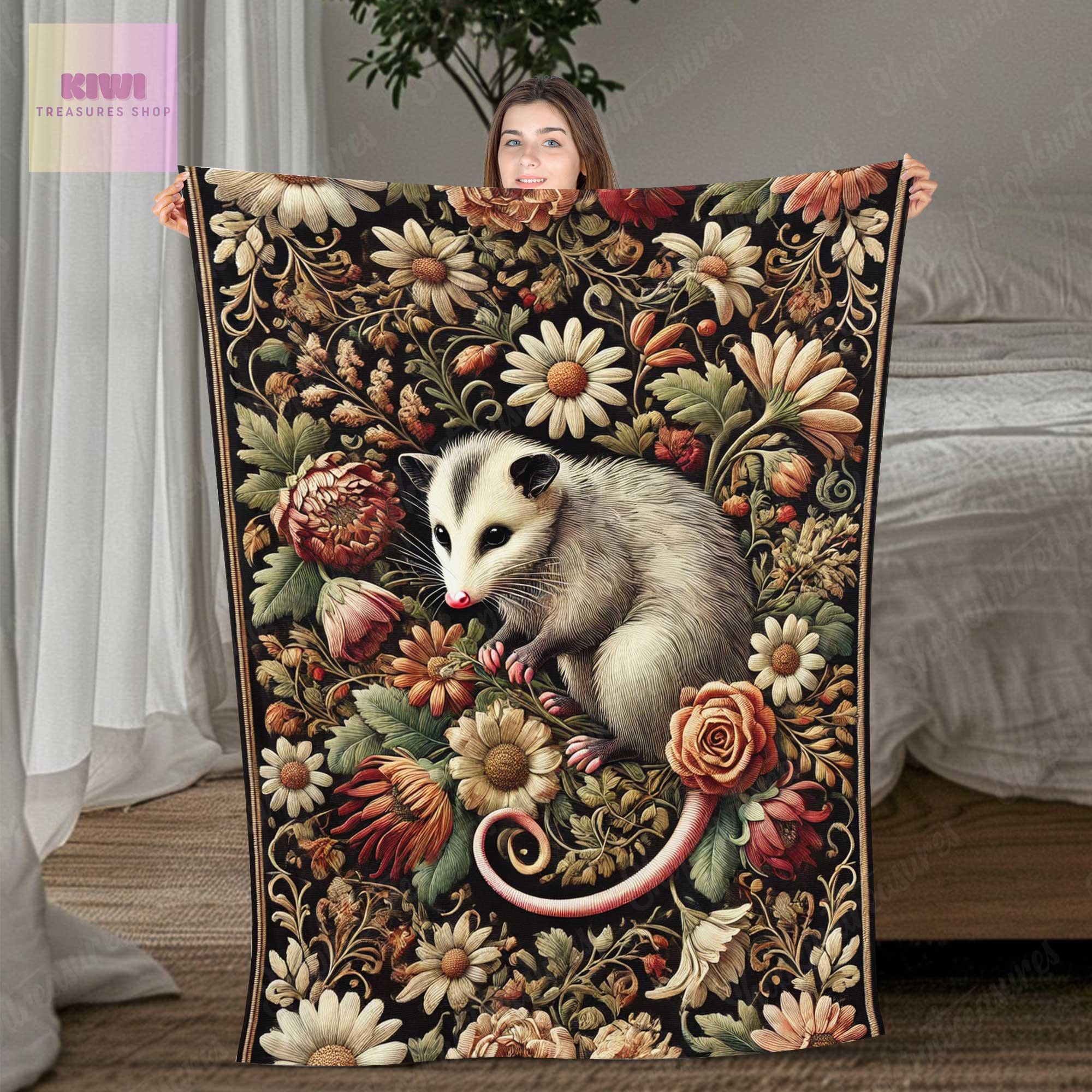 Vintage cottagecore opossum among floral botanical Blanket, Funny Trash animal Fleece Blanket, Unique Gifts for opossum Lovers,bedroom decor