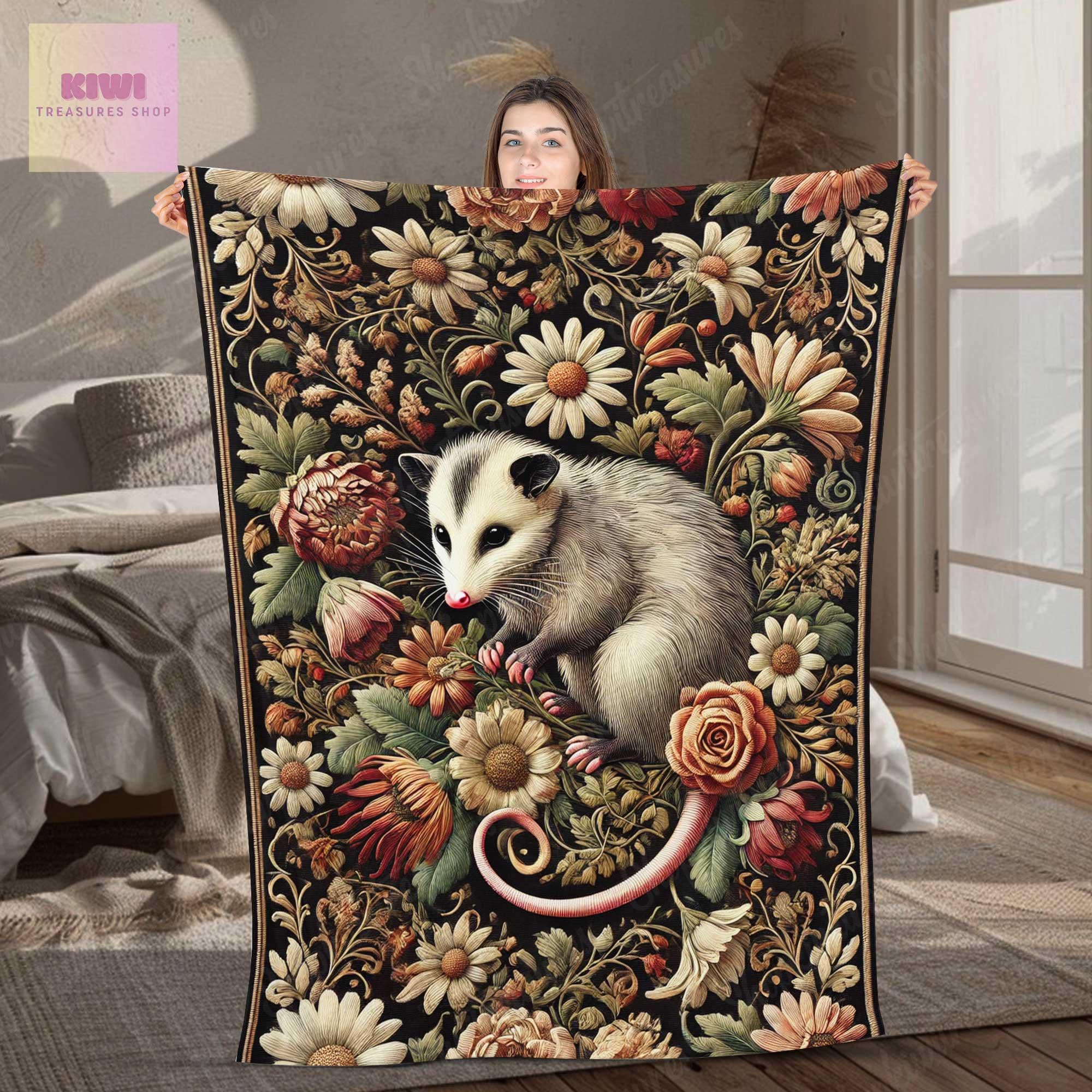 Vintage cottagecore opossum among floral botanical Blanket, Funny Trash animal Fleece Blanket, Unique Gifts for opossum Lovers,bedroom decor