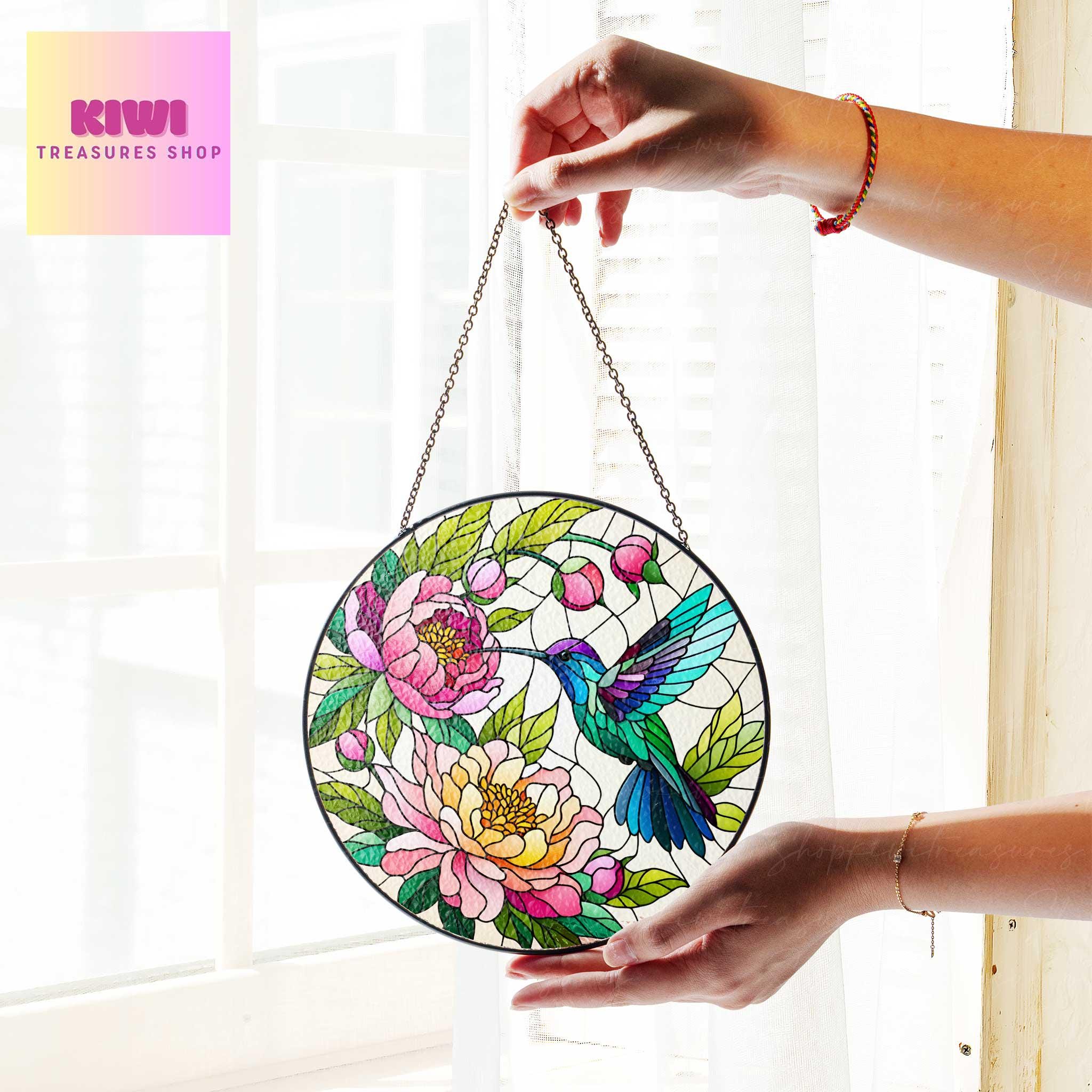 Hummingbird and peonies GLASS Suncatcher Hanging, hummingbird lovers, Window hanging, Suncatcher ornament, Mother's day mom gift set