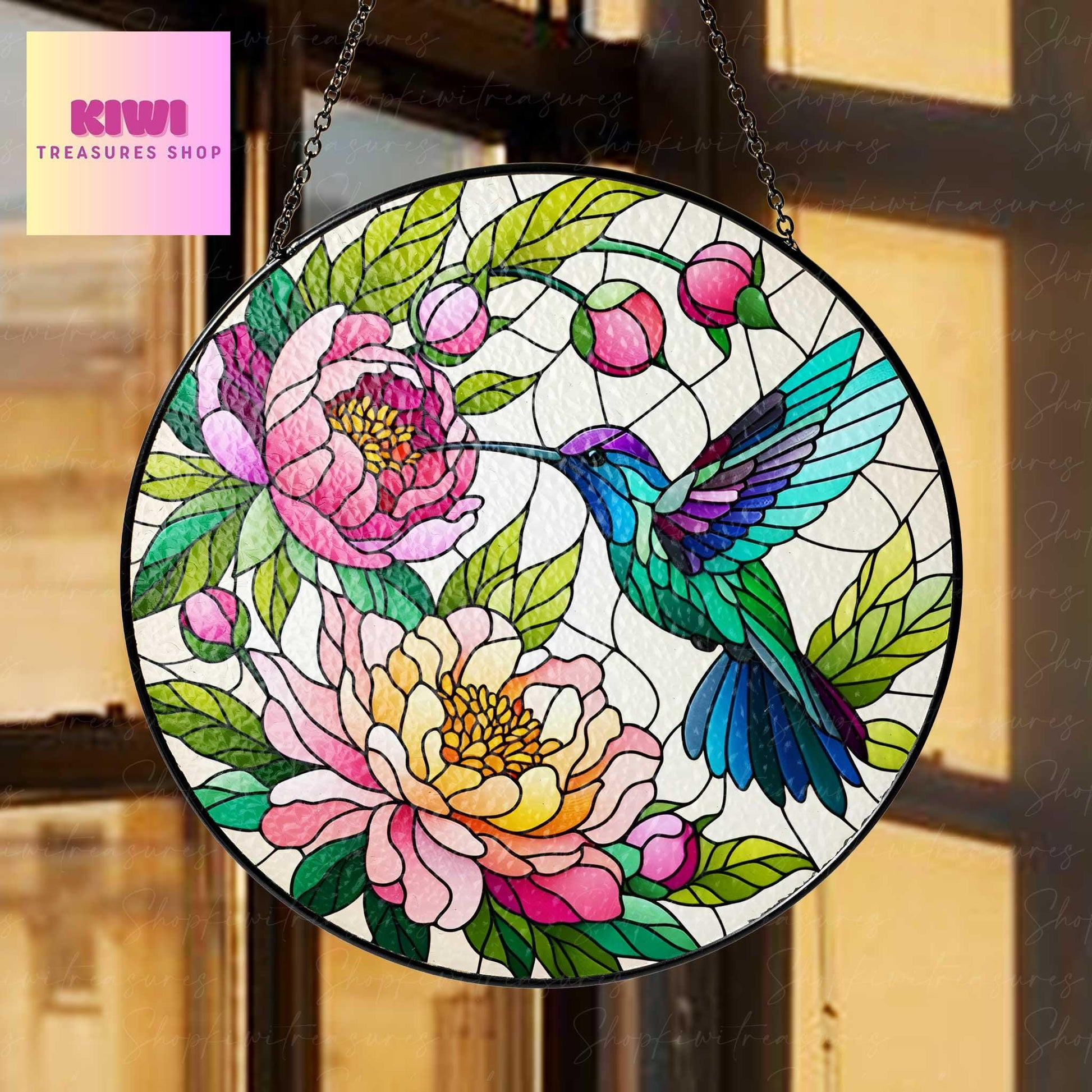 Hummingbird and peonies GLASS Suncatcher Hanging, hummingbird lovers, Window hanging, Suncatcher ornament, Mother's day mom gift set