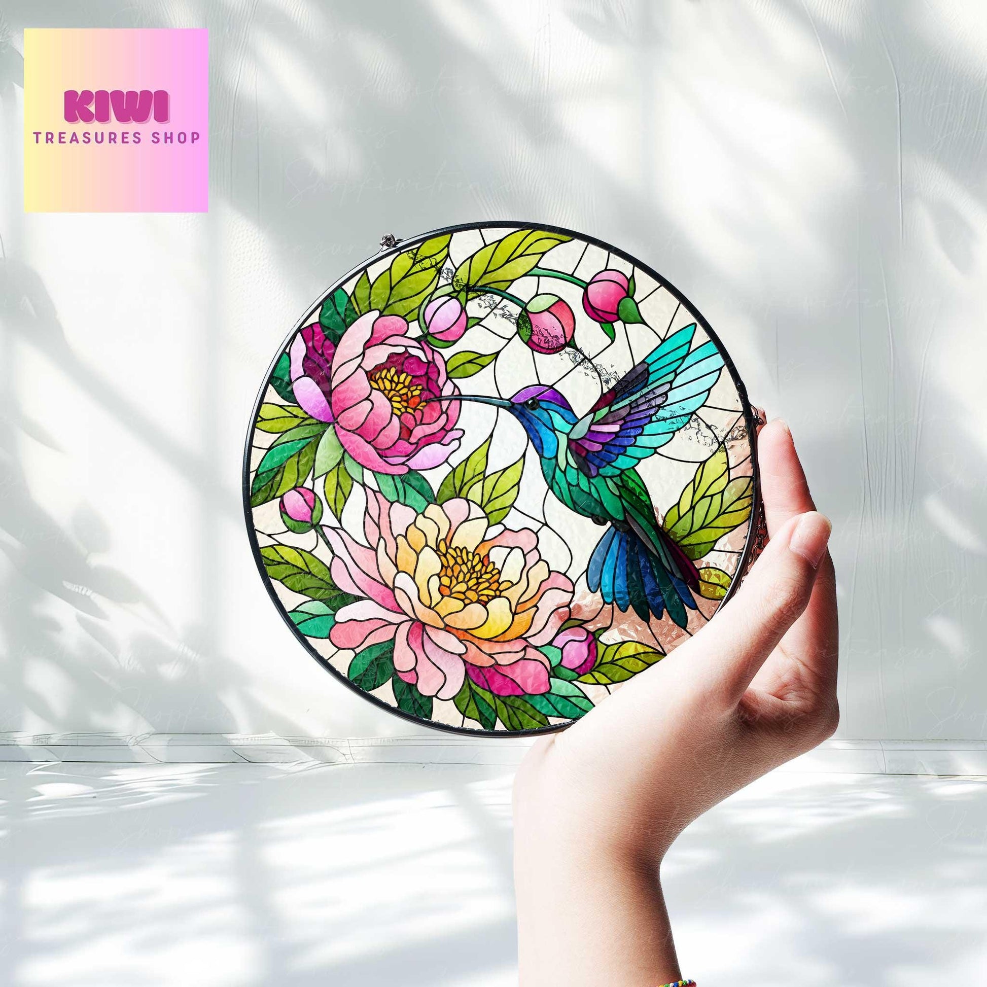 Hummingbird and peonies GLASS Suncatcher Hanging, hummingbird lovers, Window hanging, Suncatcher ornament, Mother's day mom gift set