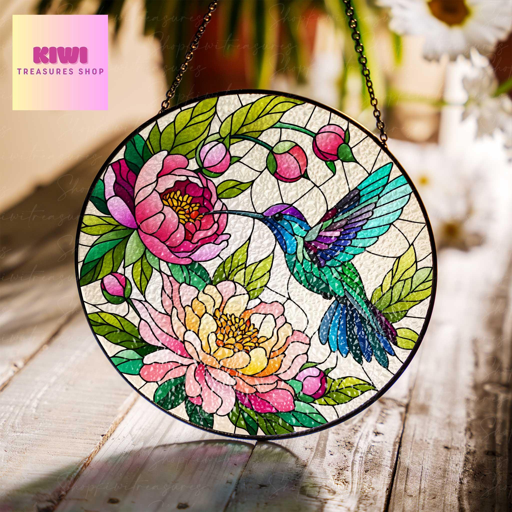 Hummingbird and peonies GLASS Suncatcher Hanging, hummingbird lovers, Window hanging, Suncatcher ornament, Mother's day mom gift set