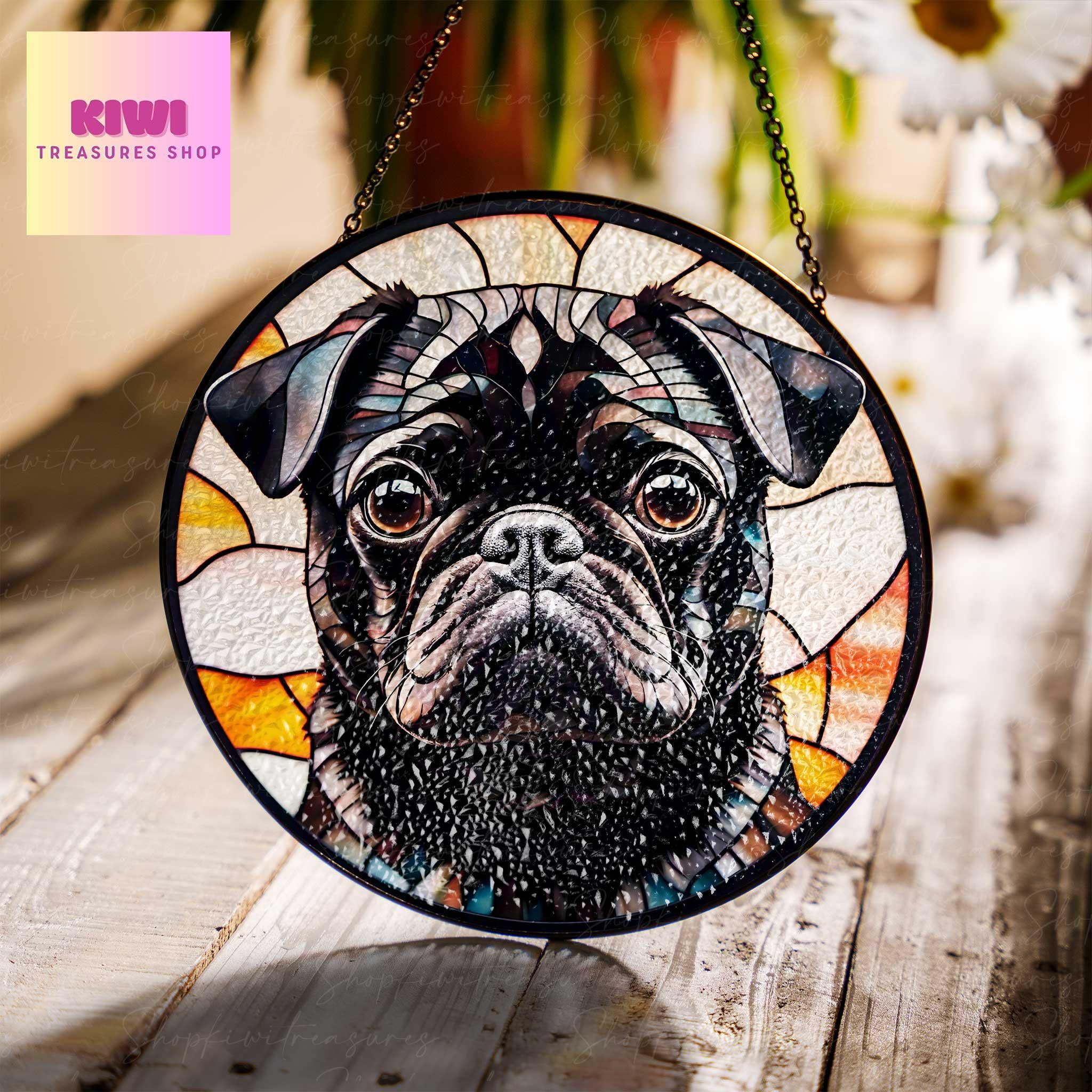 Black Pug Potrait  GLASS Suncatcher Hanging, Pug mom gift, Pug dog suncatcher hanging, Dog window hanging, remembrance gift