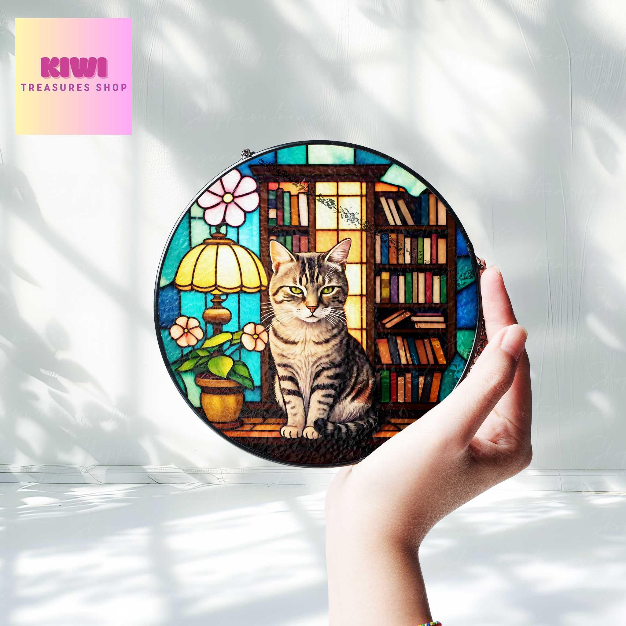 Cute tabby Cat Sitting On Bookshelf GLASS Suncatcher Hanging, Book Window Decor, Book Lover Gift, Book FAUX Stain Glass, Librarian Gift