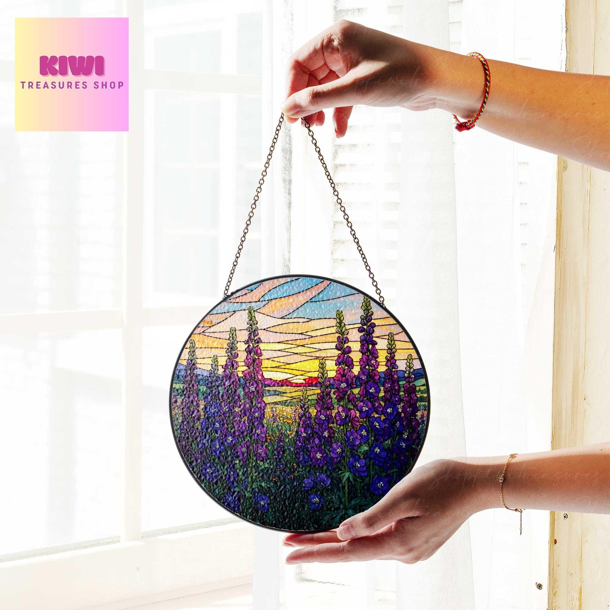 Larkspur Flower field sunset GLASS Suncatcher Hanging, Birth Month Flower glass, Window hanging, Suncatcher ornament, July birthday gift