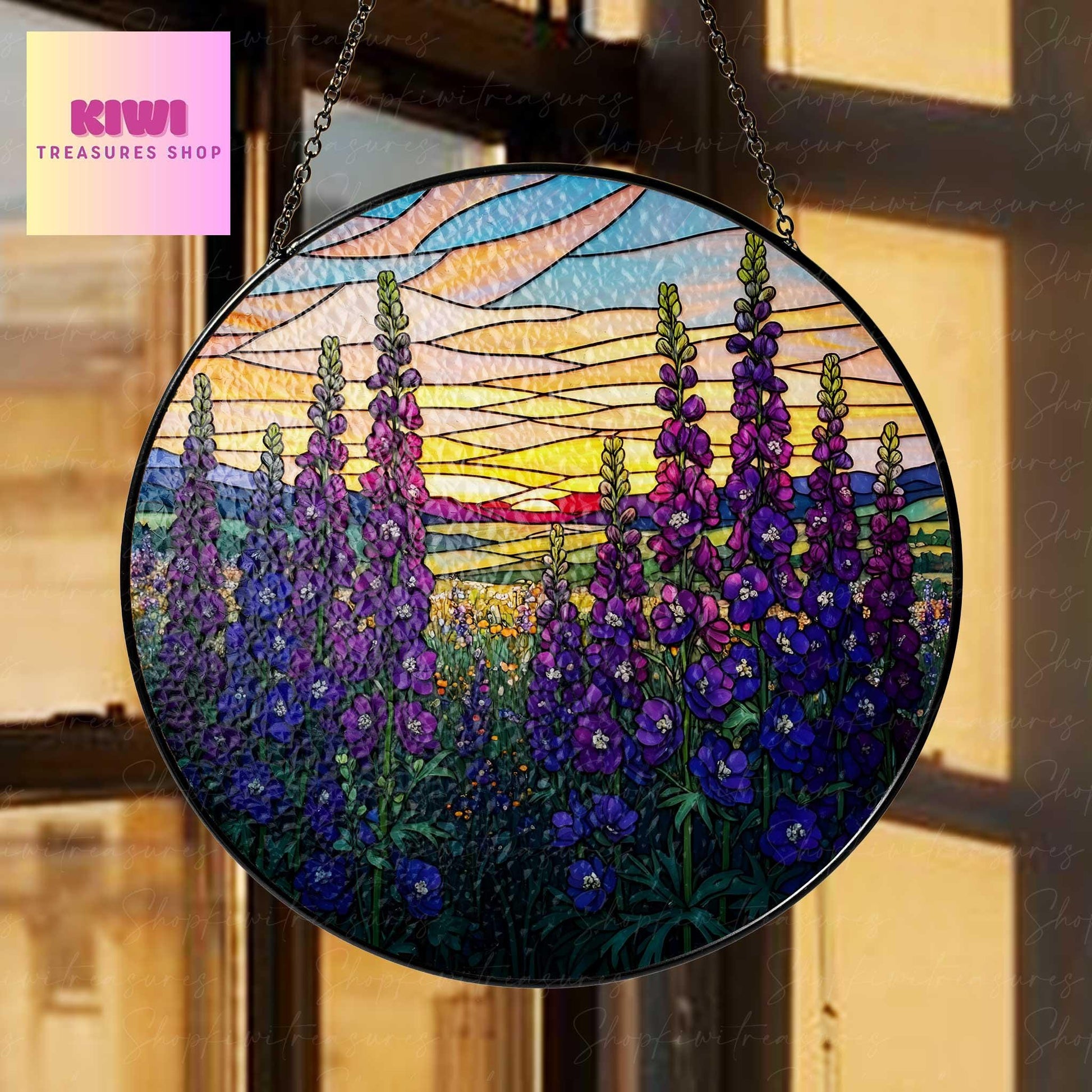 Larkspur Flower field sunset GLASS Suncatcher Hanging, Birth Month Flower glass, Window hanging, Suncatcher ornament, July birthday gift