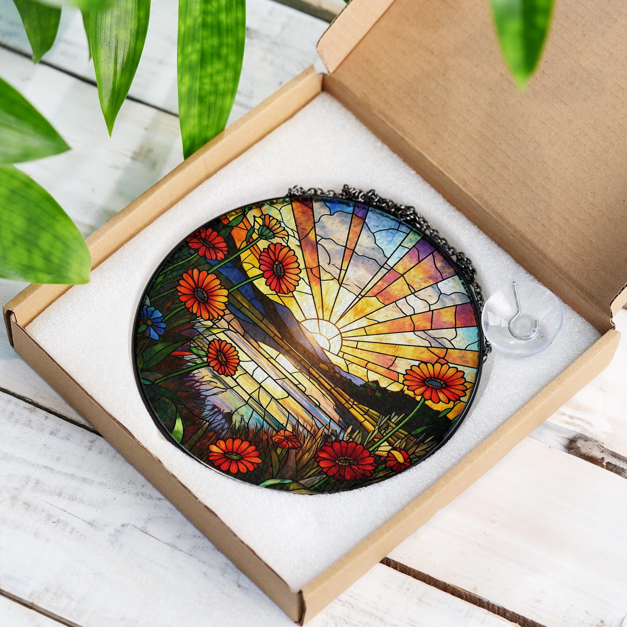 Gerbera Daisy Flowers sunset GLASS Suncatcher Hanging, Flower landscape sunset glass, Window hanging, Suncatcher ornament, Mother's day gift