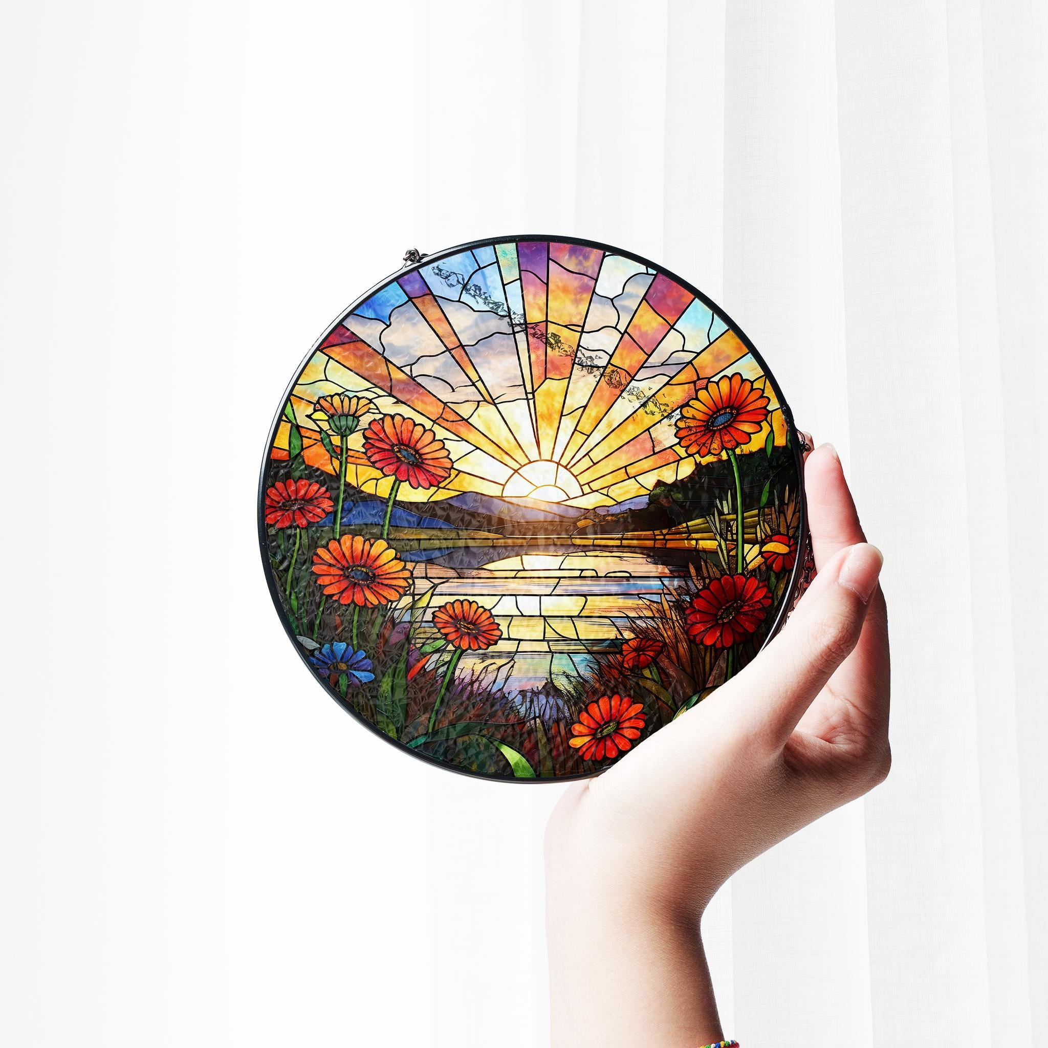 Gerbera Daisy Flowers sunset GLASS Suncatcher Hanging, Flower landscape sunset glass, Window hanging, Suncatcher ornament, Mother's day gift