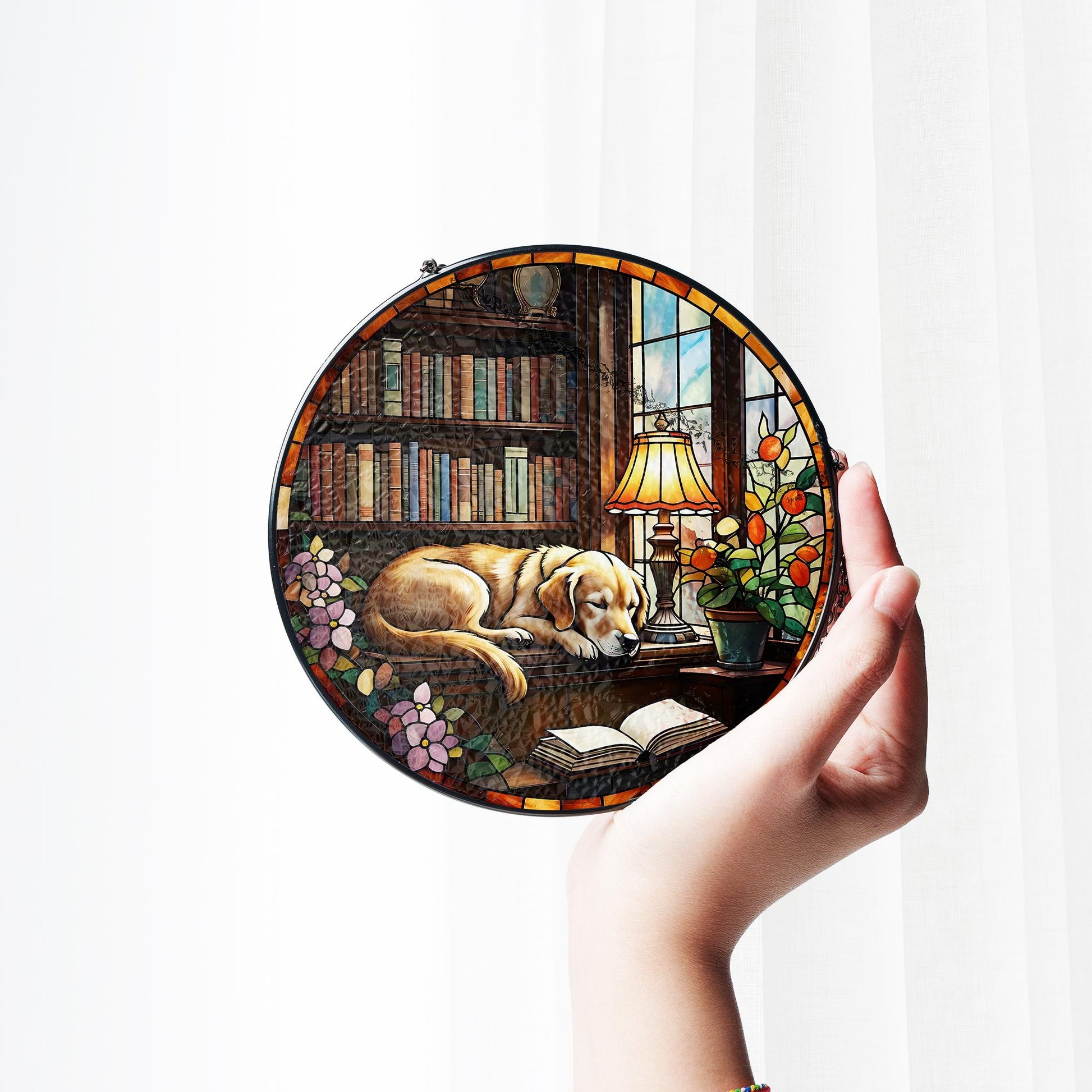Golden Retriever sleeping On Bookshelf GLASS Suncatcher Hanging, Window Decor, Book Lover Gift, Book FAUX Stain Glass, Librarian Gift