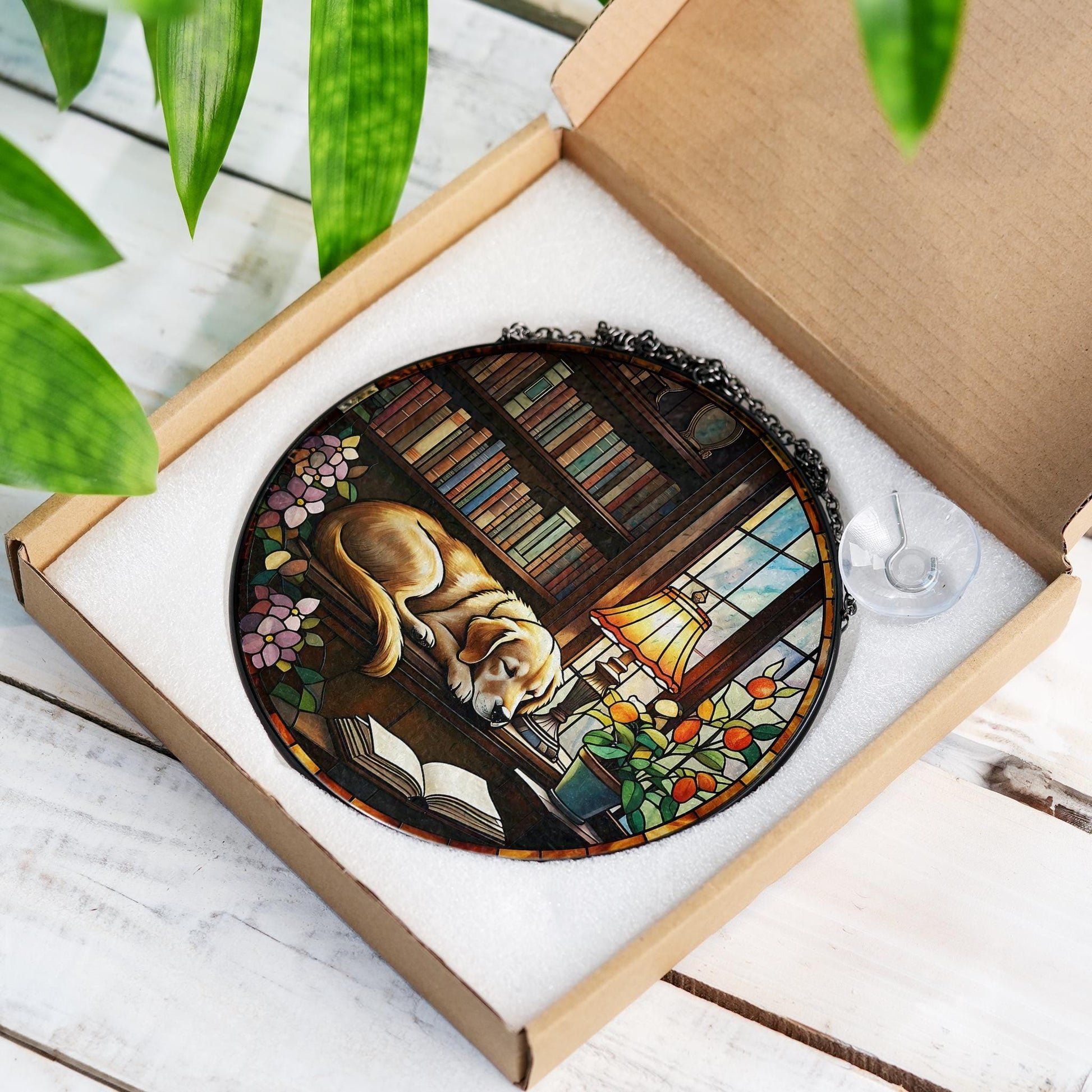 Golden Retriever sleeping On Bookshelf GLASS Suncatcher Hanging, Window Decor, Book Lover Gift, Book FAUX Stain Glass, Librarian Gift