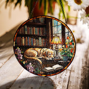 Golden Retriever sleeping On Bookshelf GLASS Suncatcher Hanging, Window Decor, Book Lover Gift, Book FAUX Stain Glass, Librarian Gift