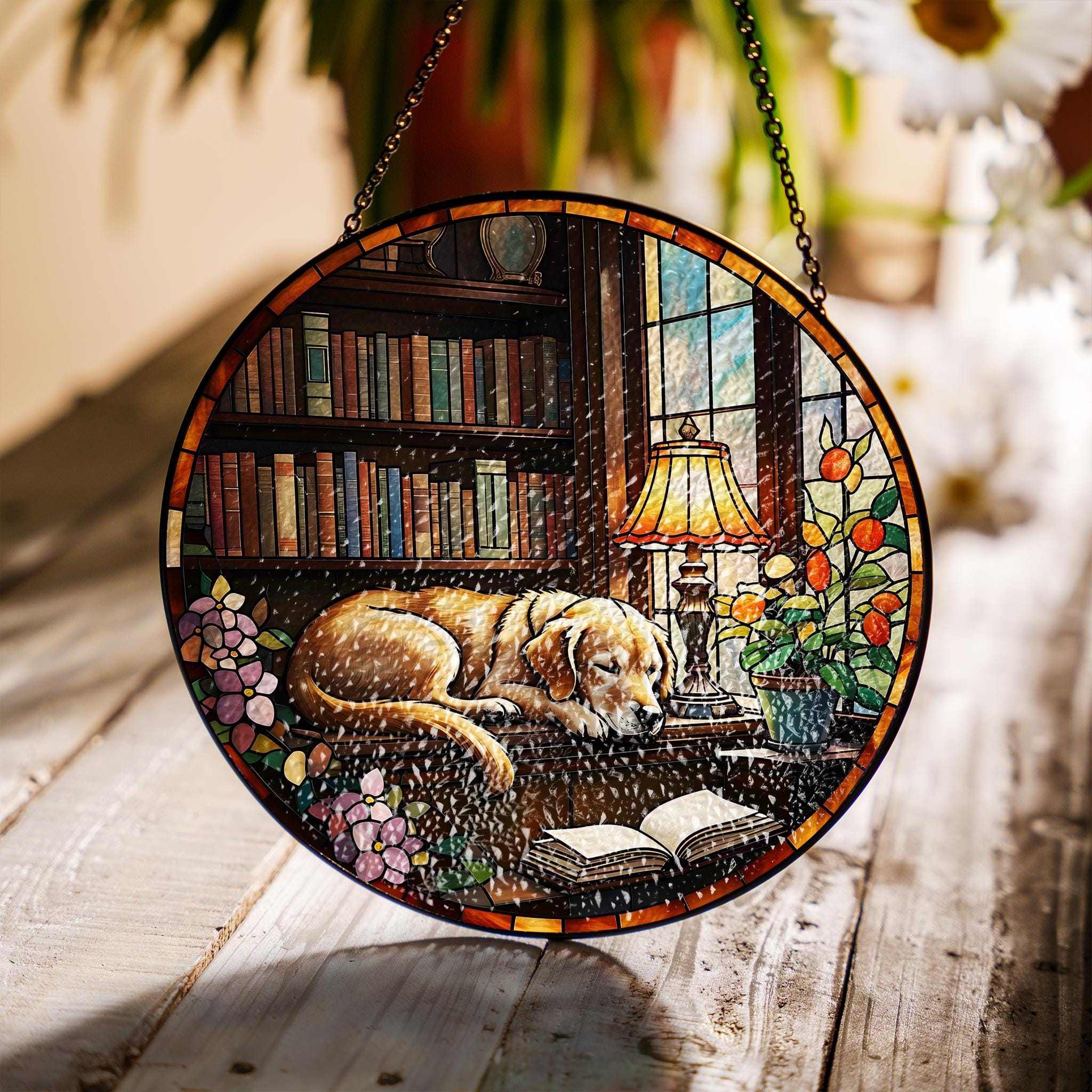 Golden Retriever sleeping On Bookshelf GLASS Suncatcher Hanging, Window Decor, Book Lover Gift, Book FAUX Stain Glass, Librarian Gift